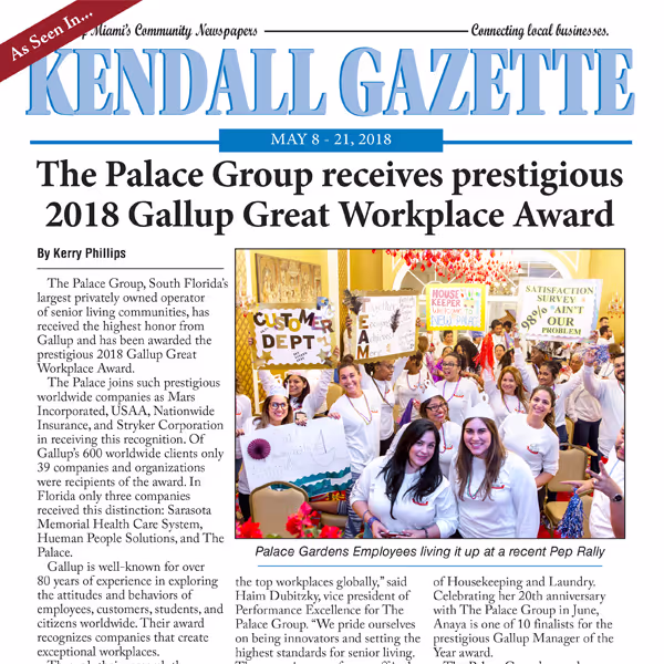 The Palace Group receives prestigious 2018 Gallup Great Workplace Award