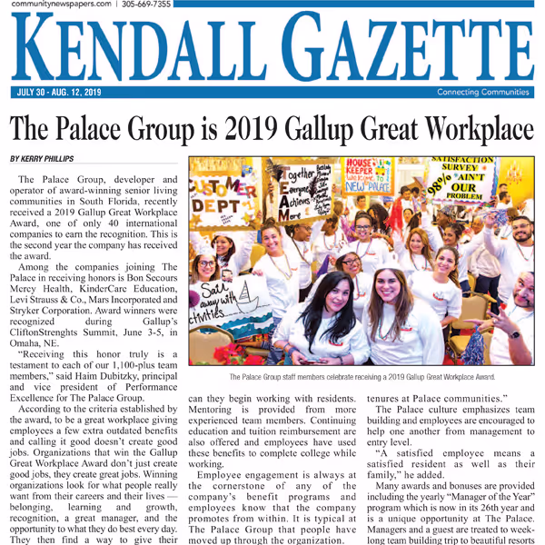 The Palace Group is 2019 Gallup Great Workplace