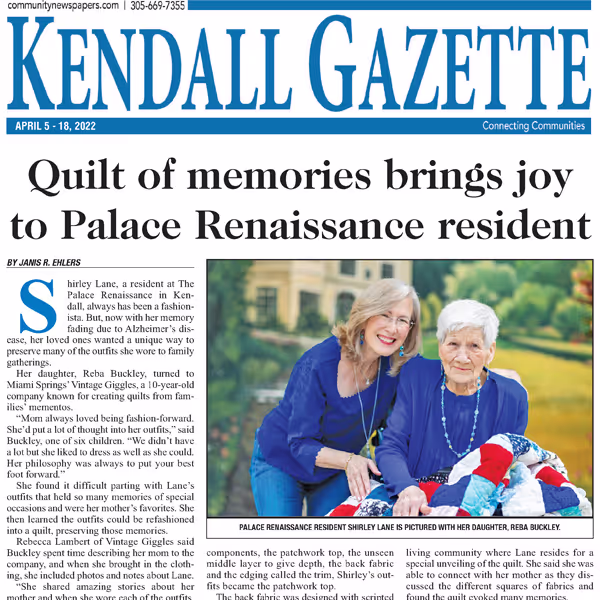 Quilt of memories brings joy to Palace Renaissance resident