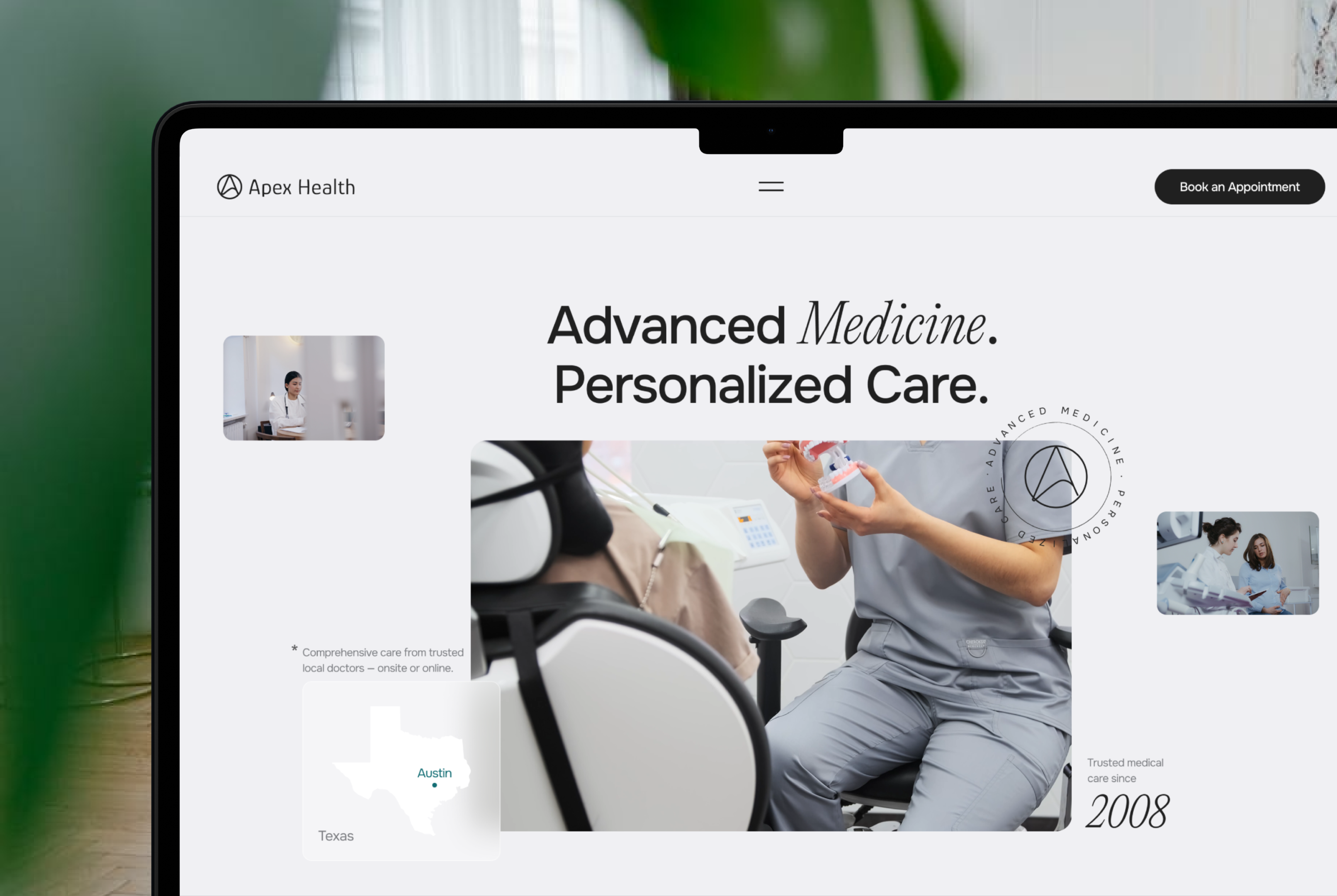 Website homepage of Apex Health showing a medical professional holding a dental model next to a patient in a chair, with text 'Advanced Medicine. Personalized Care.' and a map highlighting Austin, Texas.