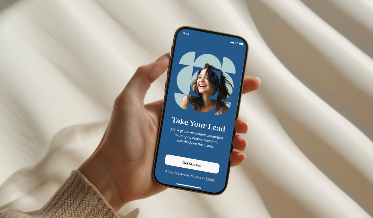 Hand holding smartphone displaying a blue app screen with text 'Take your lead' and a 'Get Started' button.