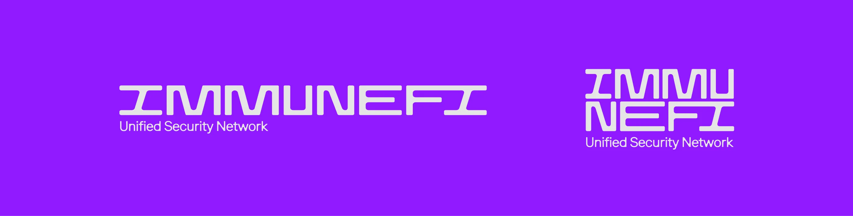 Two variations of the IMMUNEFI logo with the text 'Unified Security Network' on a purple background.