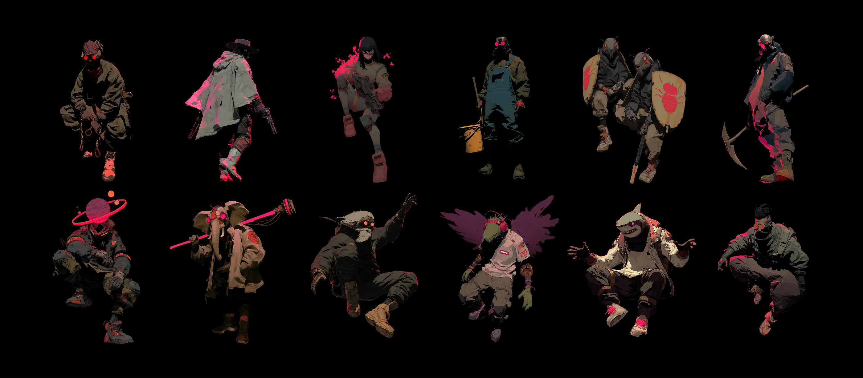 Twelve stylised characters with glowing red eyes and pink highlights, each in unique poses and outfits including masks, weapons, and accessories, set against a black background.
