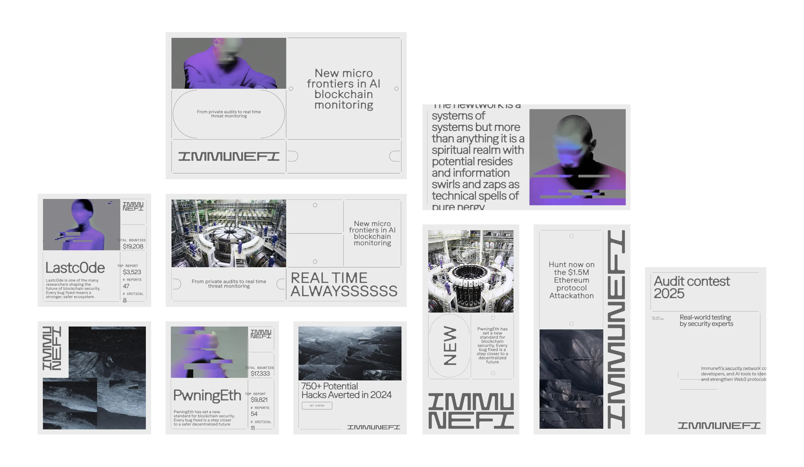 Immunefi network brand collage of blockchain security themed graphics including AI blockchain monitoring, real-time threat monitoring, and bug bounty reports with blurred faces and industrial settings.