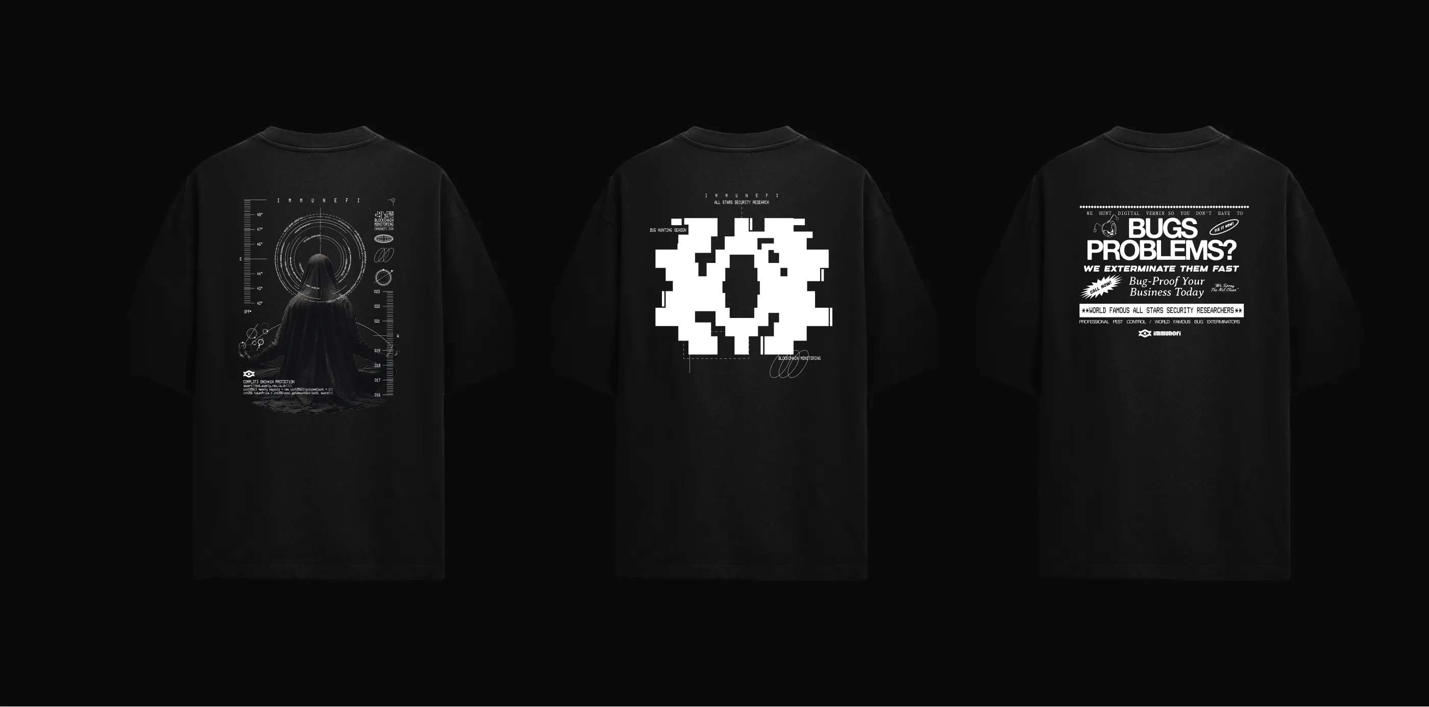 Three black T-shirts displayed side by side with white digital and tech-themed designs on their backs, including a hooded figure with radar graphics, a pixelated circular pattern, and a text-heavy design about bug extermination.