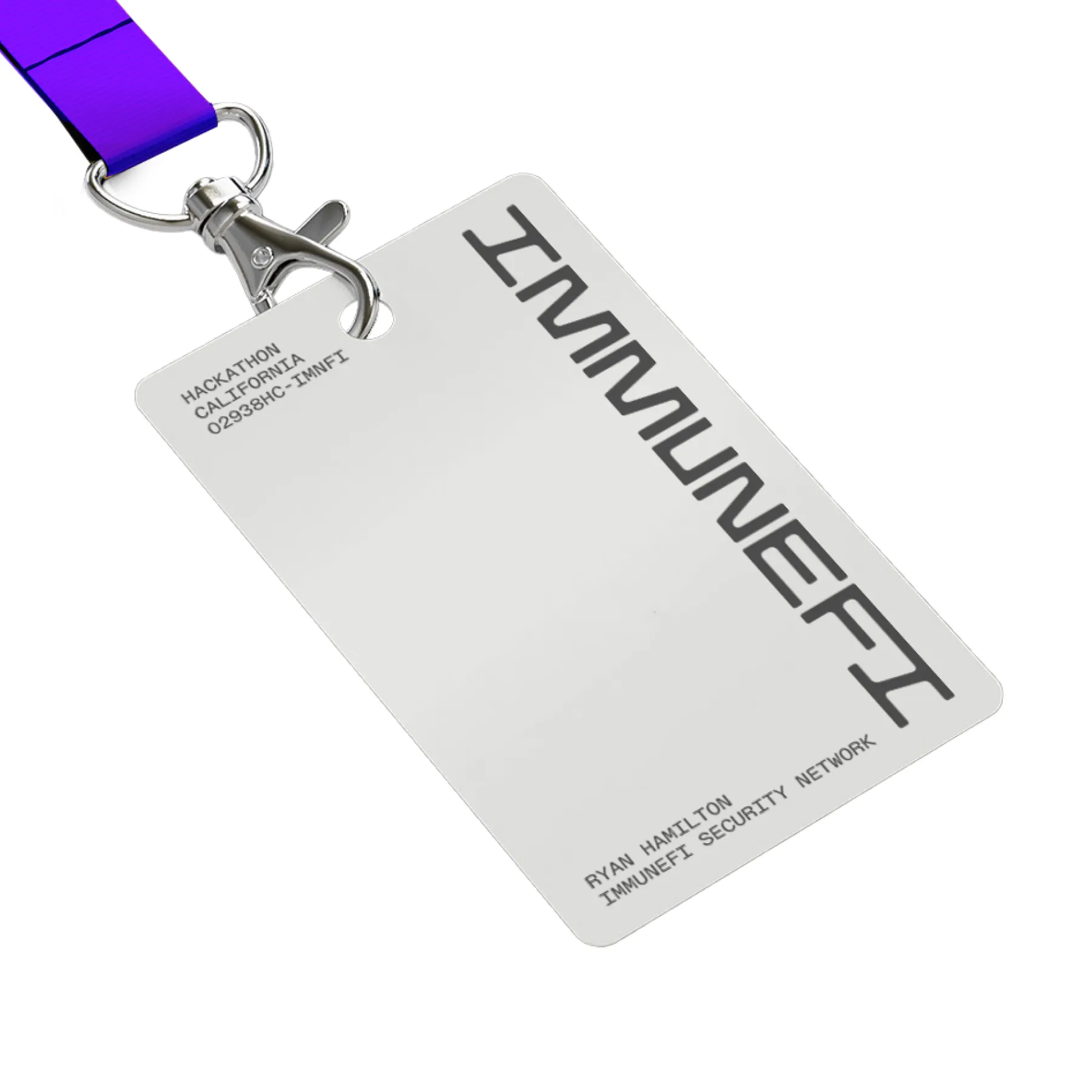 Identification badge with purple lanyard, showing text 'IMMUNEFI' and details for Ryan Hamilton at a California hackathon.