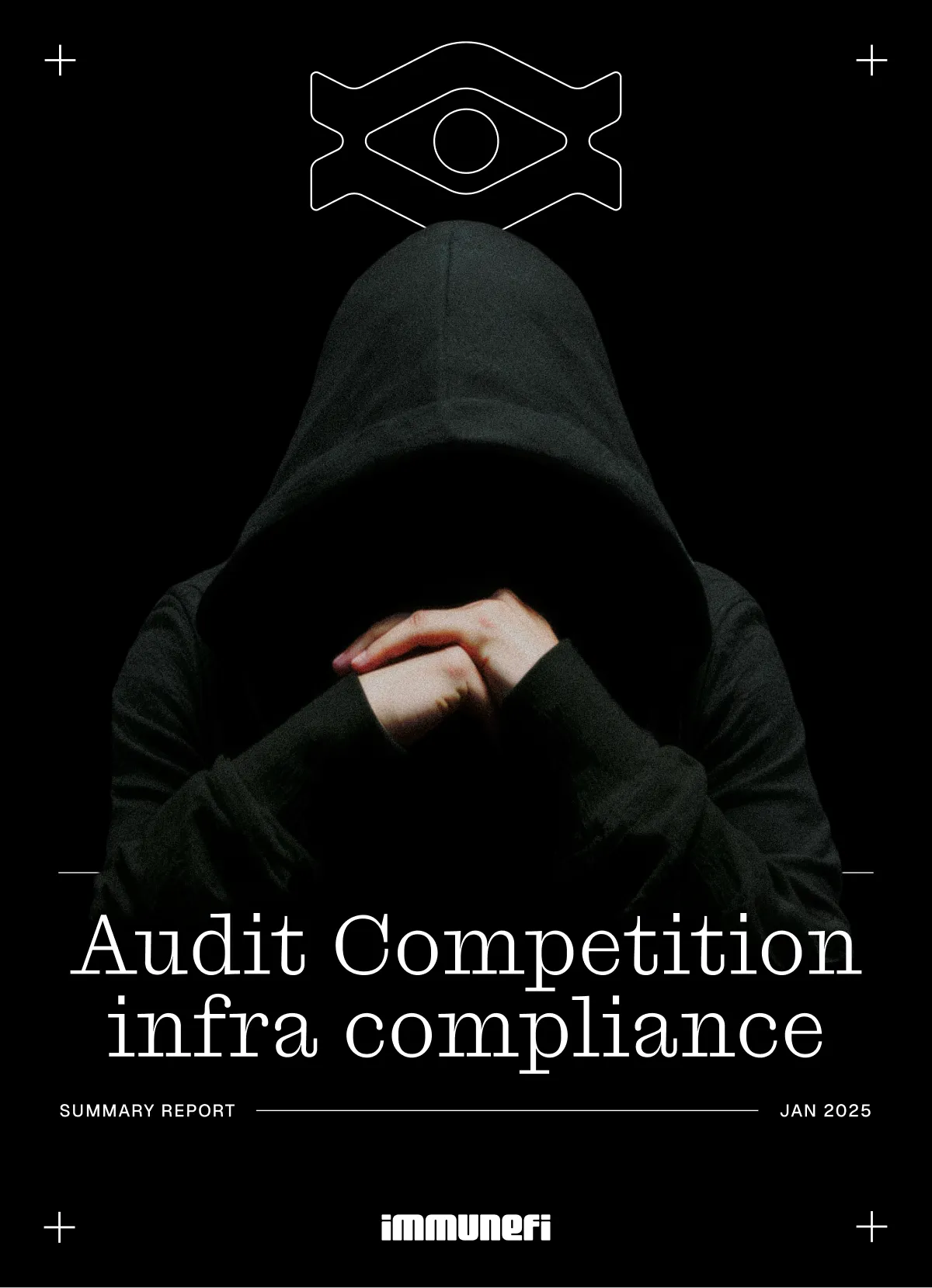 Person in a dark hoodie with head down and hands clasped, above white text reading Audit Competition infra compliance, Summary Report, Jan 2025, and Immunefi logo.