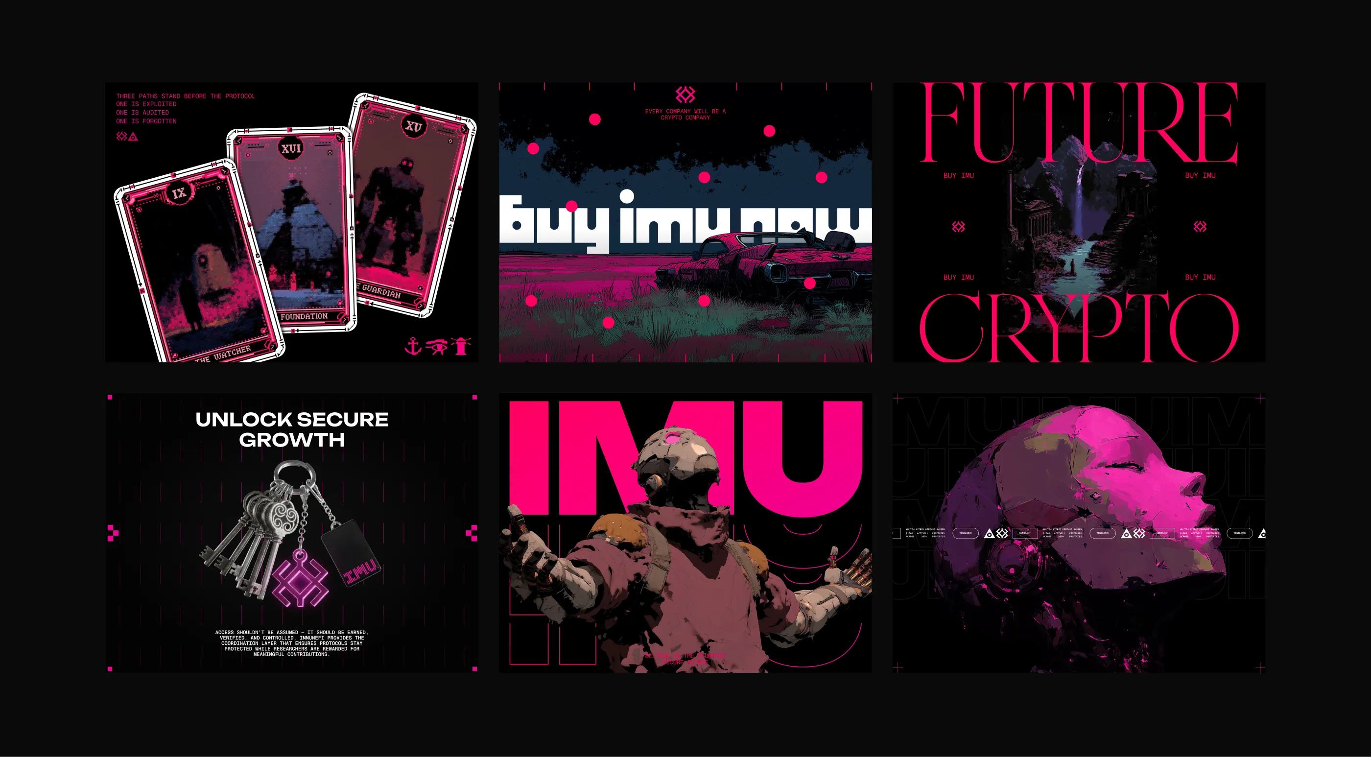 Six Immunefi posts featuring cyberpunk themes: tarot cards labeled The Watcher, Foundation, Guardian; a car in a field with 'buy imu now'; text reading 'Future Crypto' with a waterfall scene; a keyring with glowing IMU tag and text about secure growth; a figure in armor with IMU background; and a stylised robotic head profile in purple and pink tones.