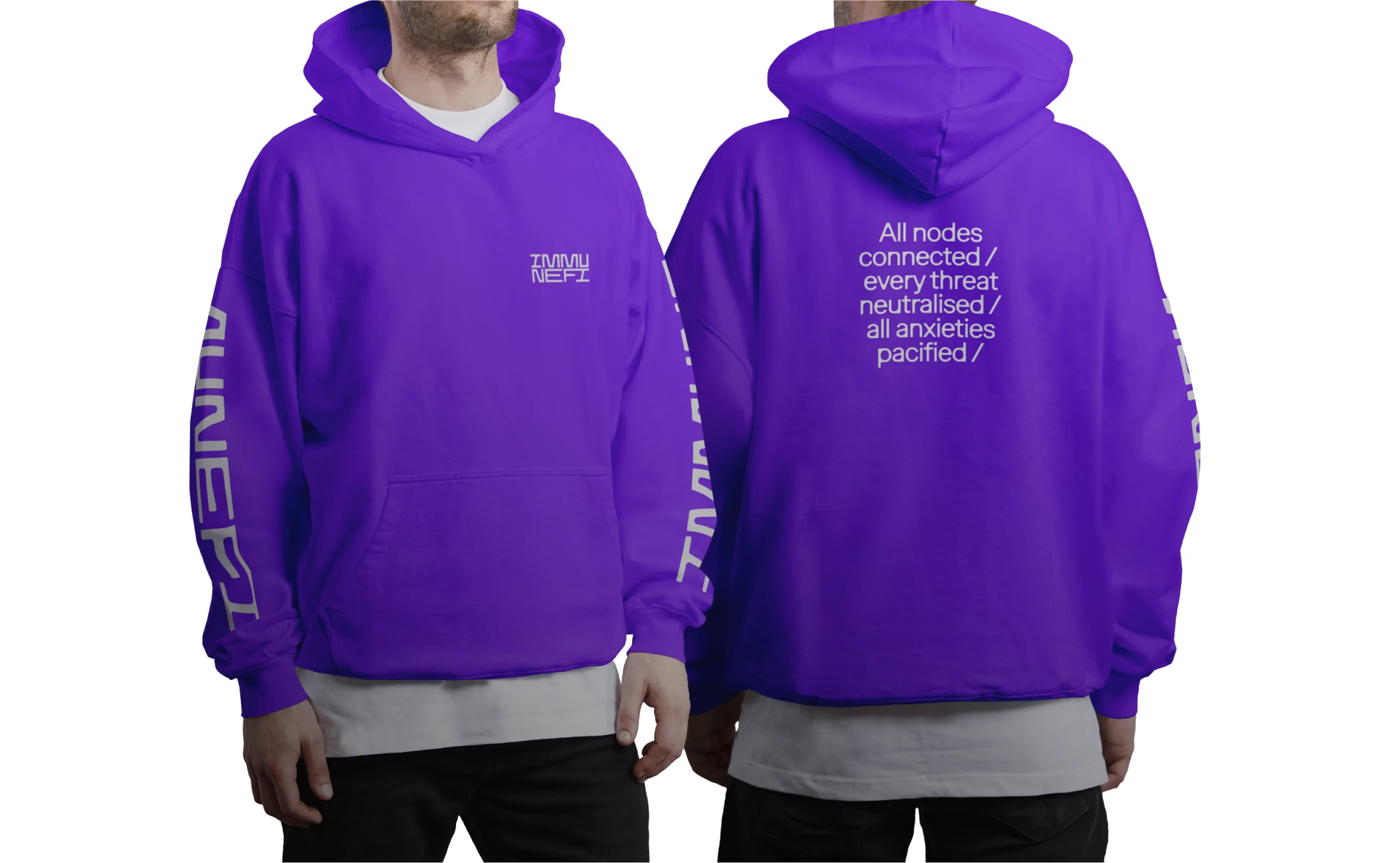 Purple hoodie with white text reading 'IMMUNEFI' on the front left chest, 'IMMUNEFI' printed vertically on both sleeves, and a message on the back saying 'All nodes connected, every threat neutralised, all anxieties pacified'.