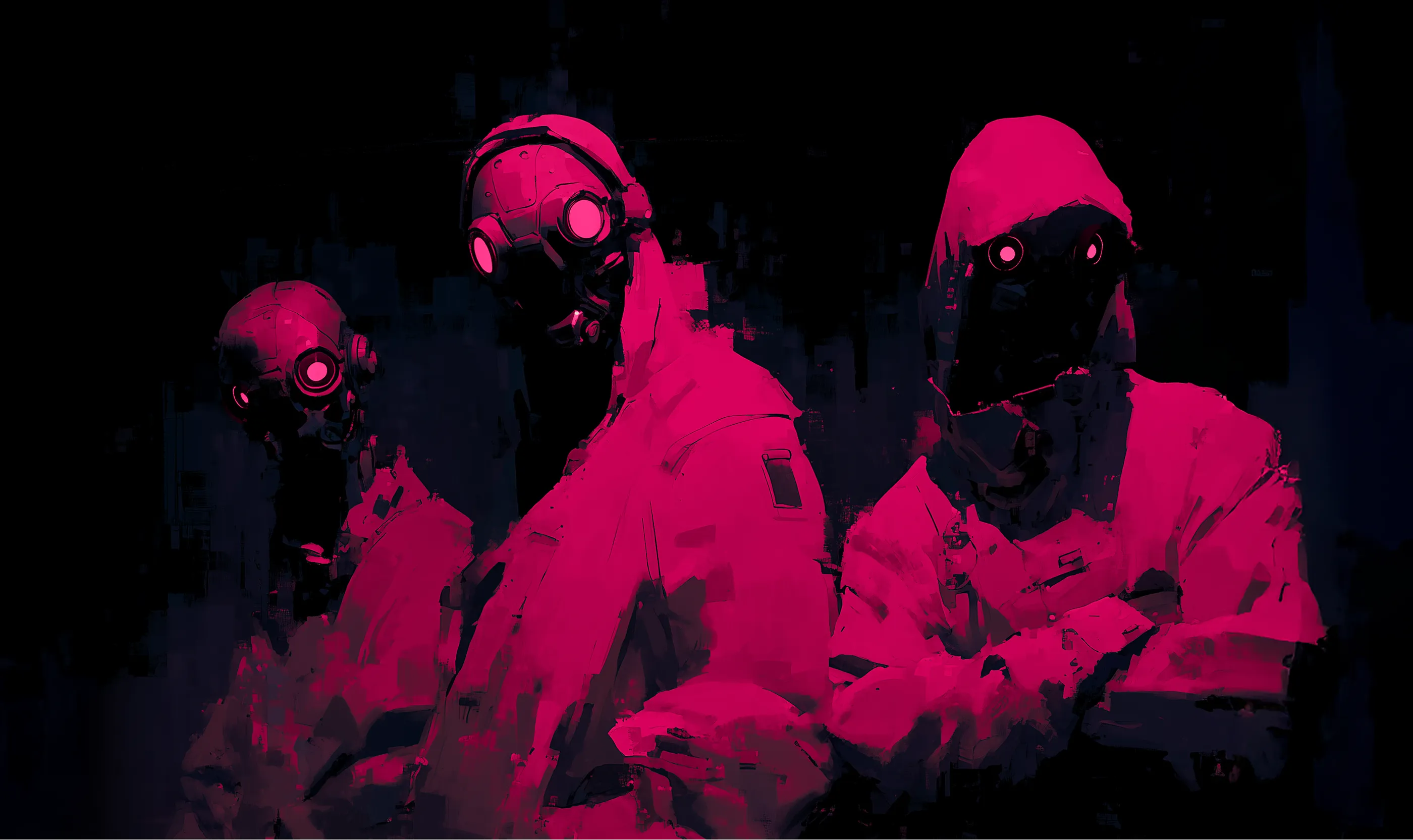 Three dark figures in glowing pink hooded outfits with robotic masks and bright round eyes against a black background.
