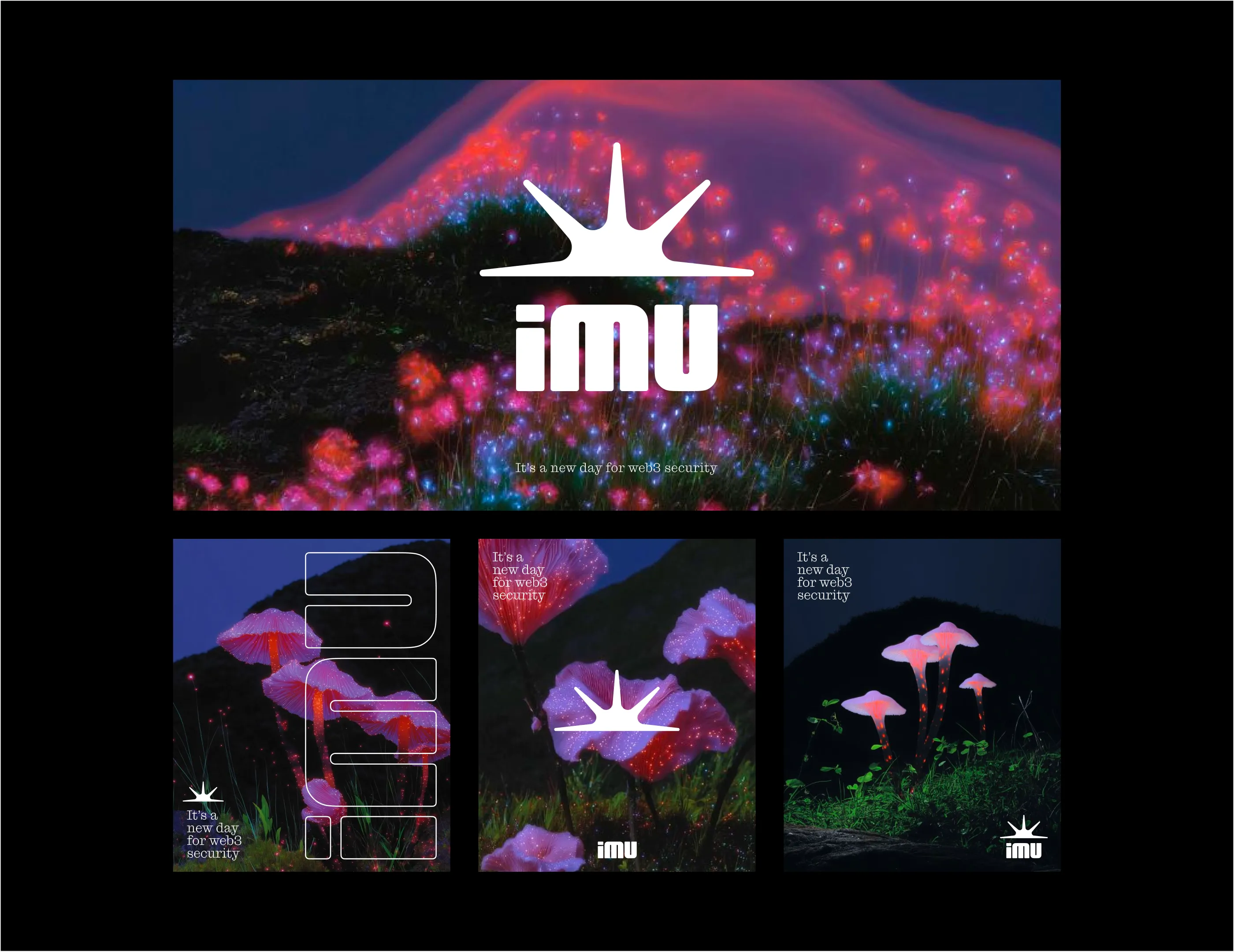 IMU brand collage featuring glowing pink and purple flowers and mushrooms in a dark natural setting, with the imU logo