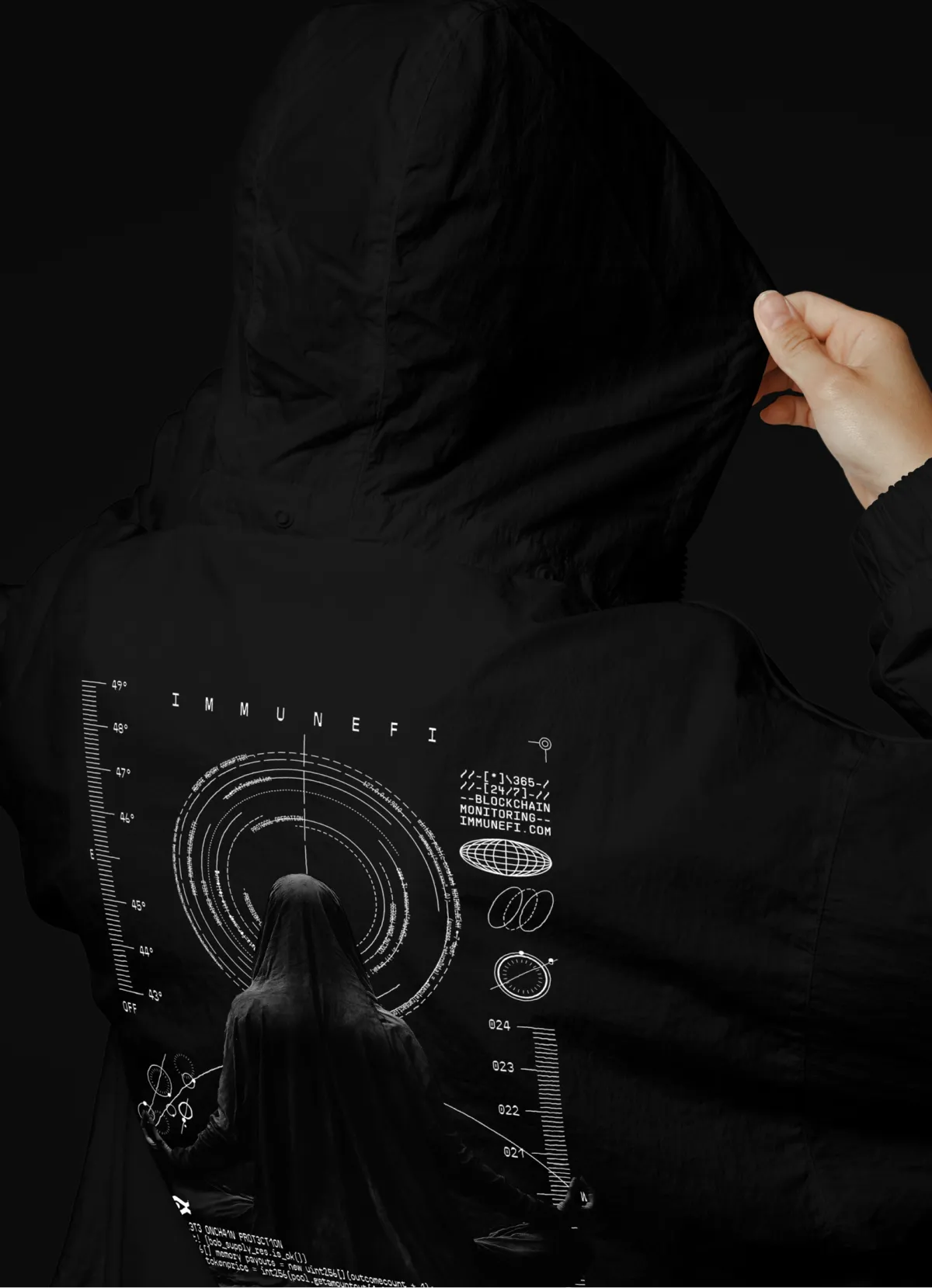 Back of a black jacket with a digital design featuring for IMMUNEFI