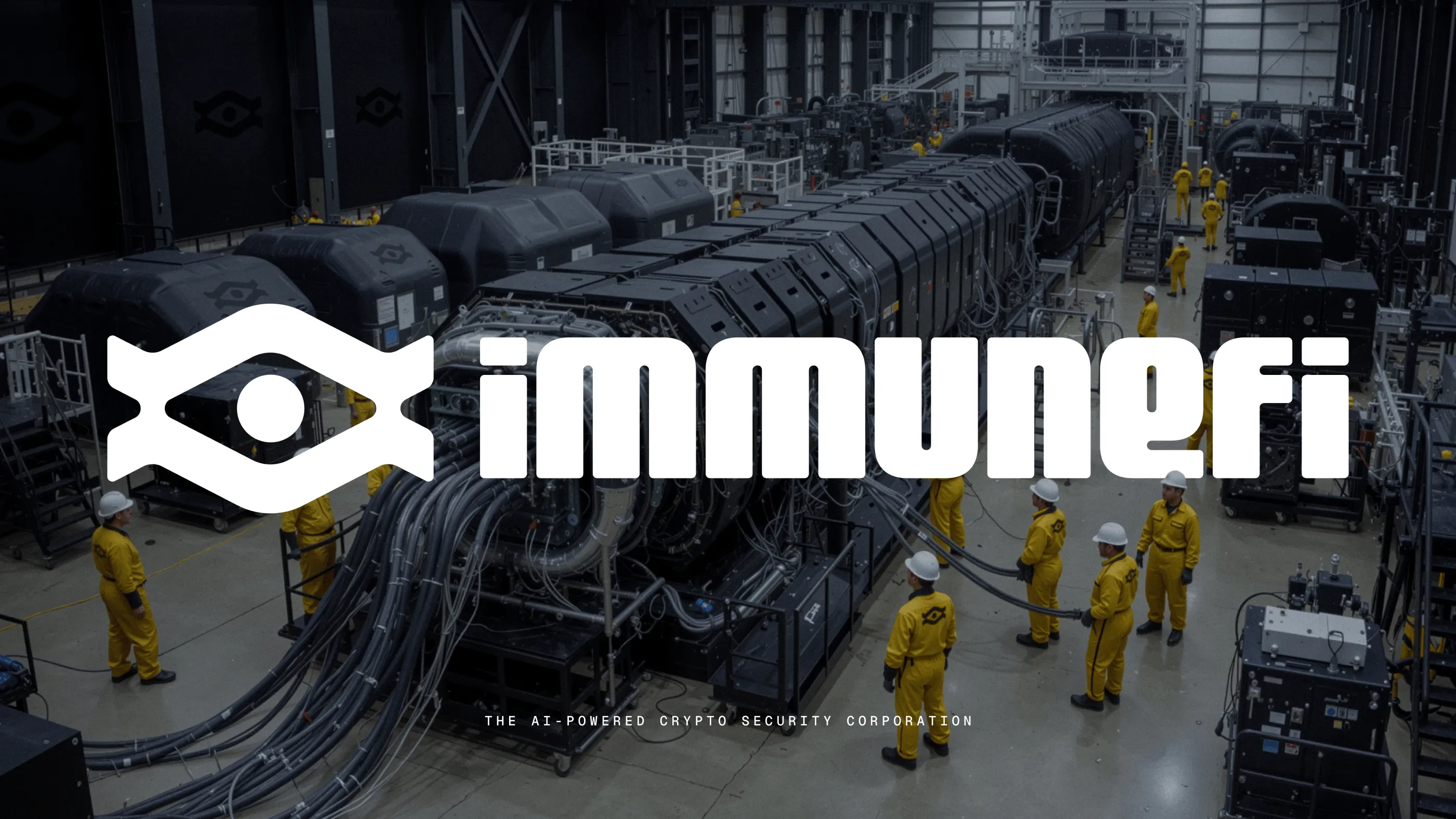 Immunefi industrial mining machine with workers in yellow uniforms and white helmets standing around it inside a factory