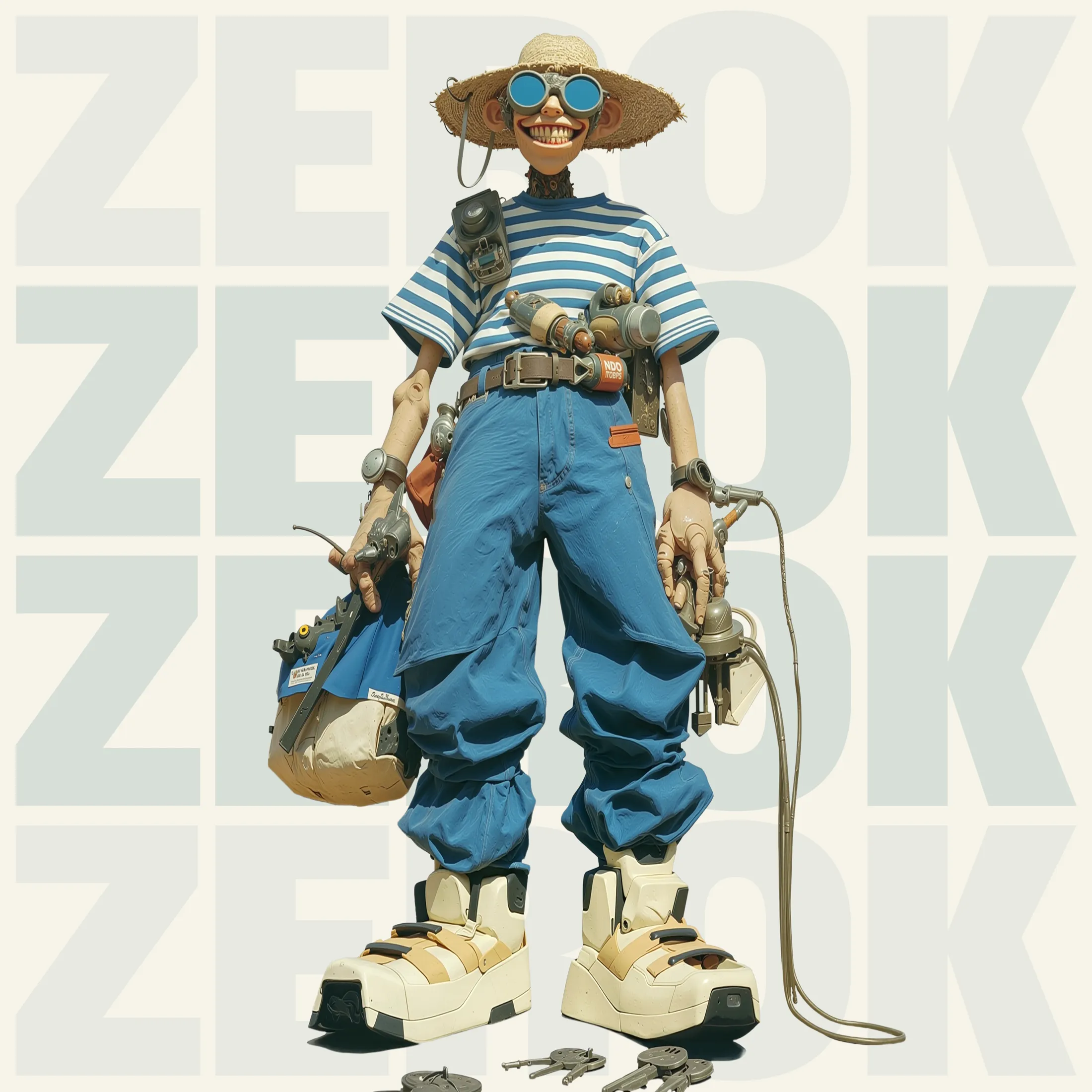 ZeroK whitehat character wearing a striped t-shirt, wide blue pants, oversized shoes, round blue sunglasses, and a straw hat, holding tools and electronic devices.