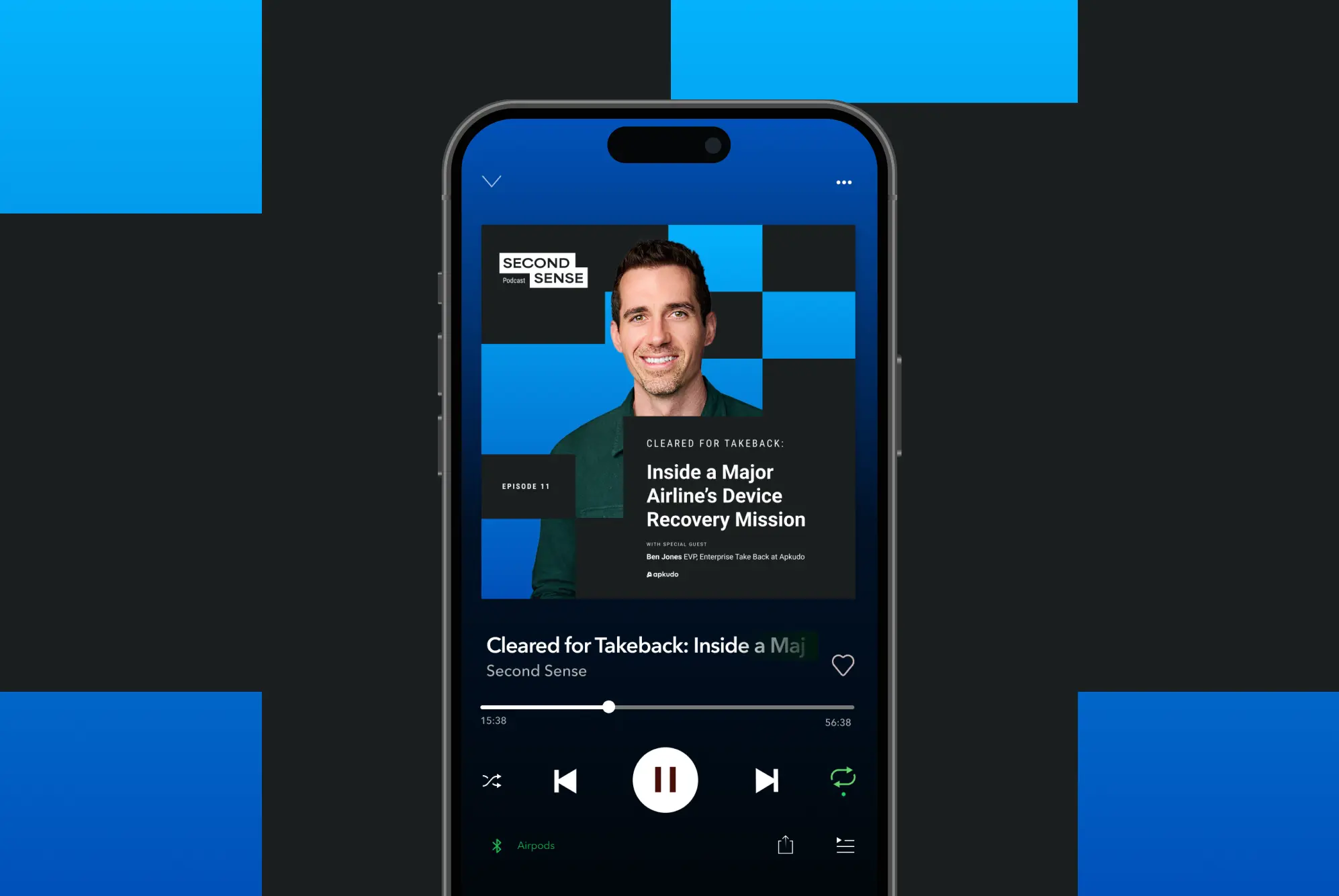 Phone with a episode of second sense podcast playing