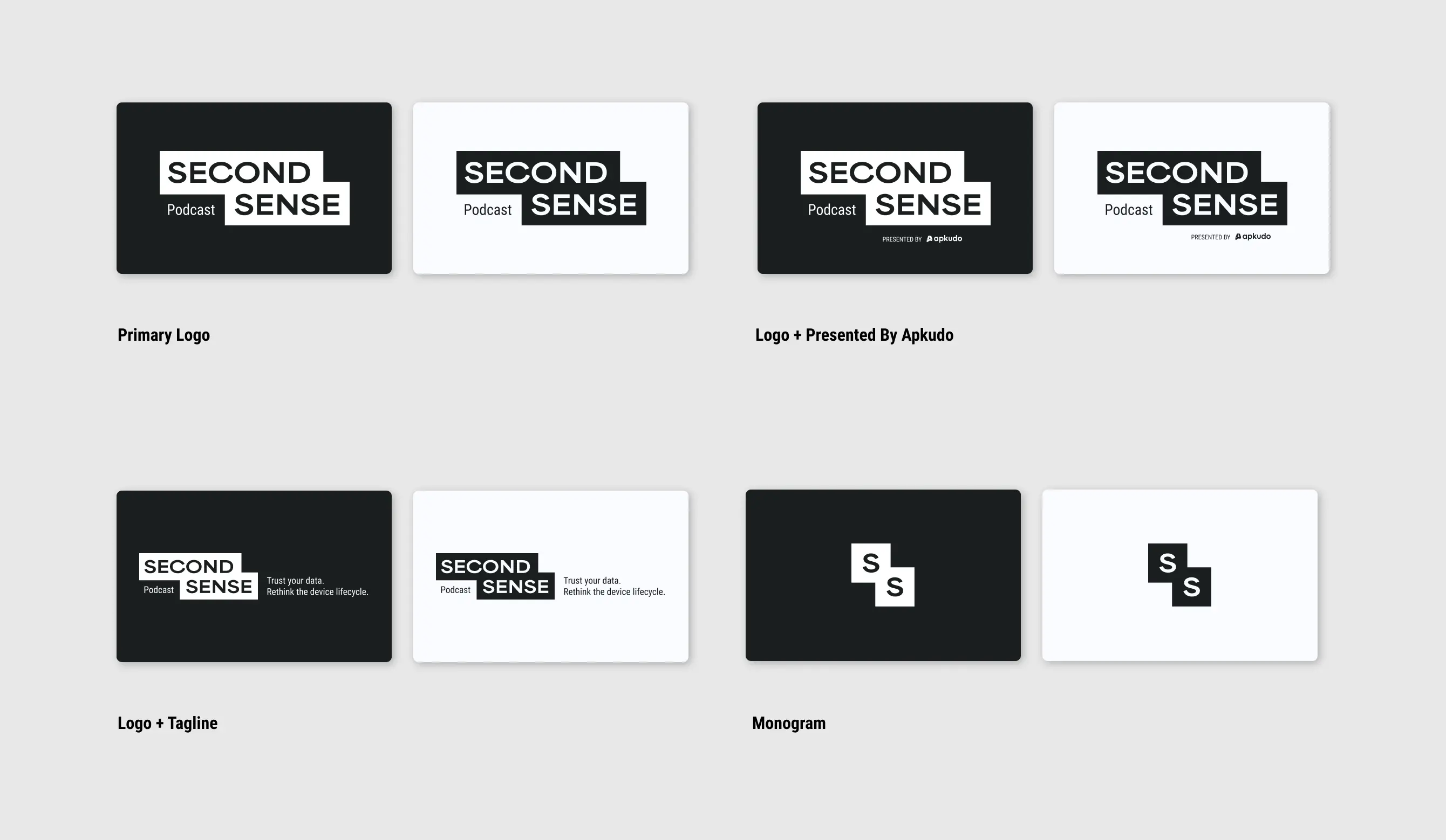 Set of second sense logos including primary logo, logo with presented by Apkudo, logo with tagline, and monogram.