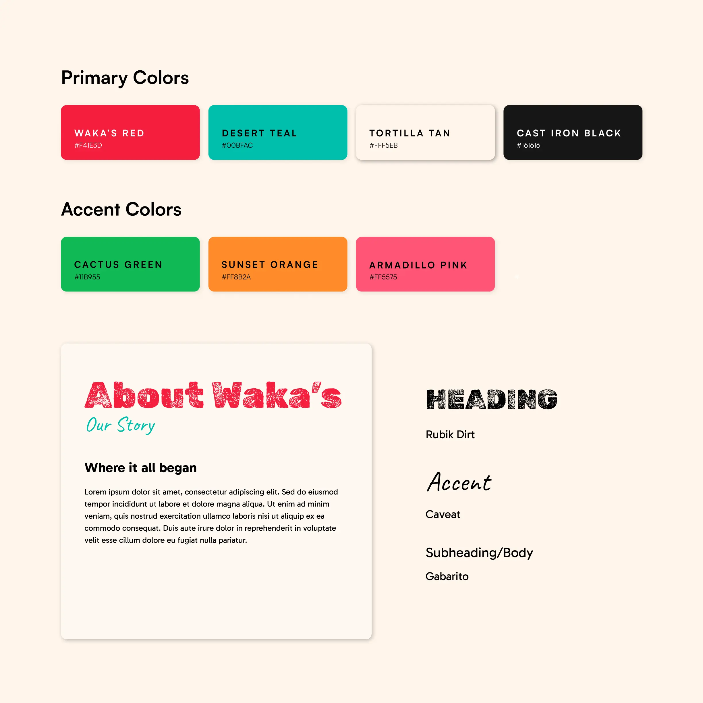 Brand colors including red, teal, white, and black as primary colors. Green, orange, and pink as secondary colors. Typography style with Rubik Dirt as heading and gabrito as body font