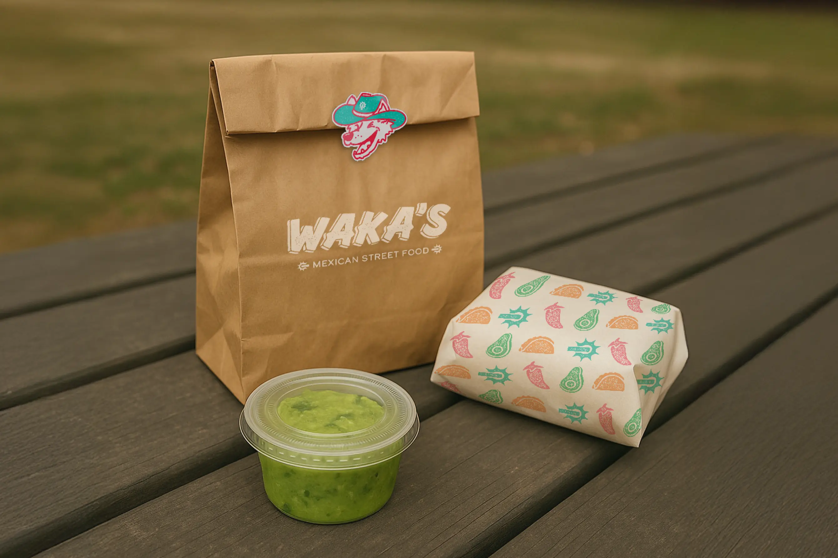 To-go bag on a picnic table with logo on the bag and mascot sticker with a branded wrapper on the taco
