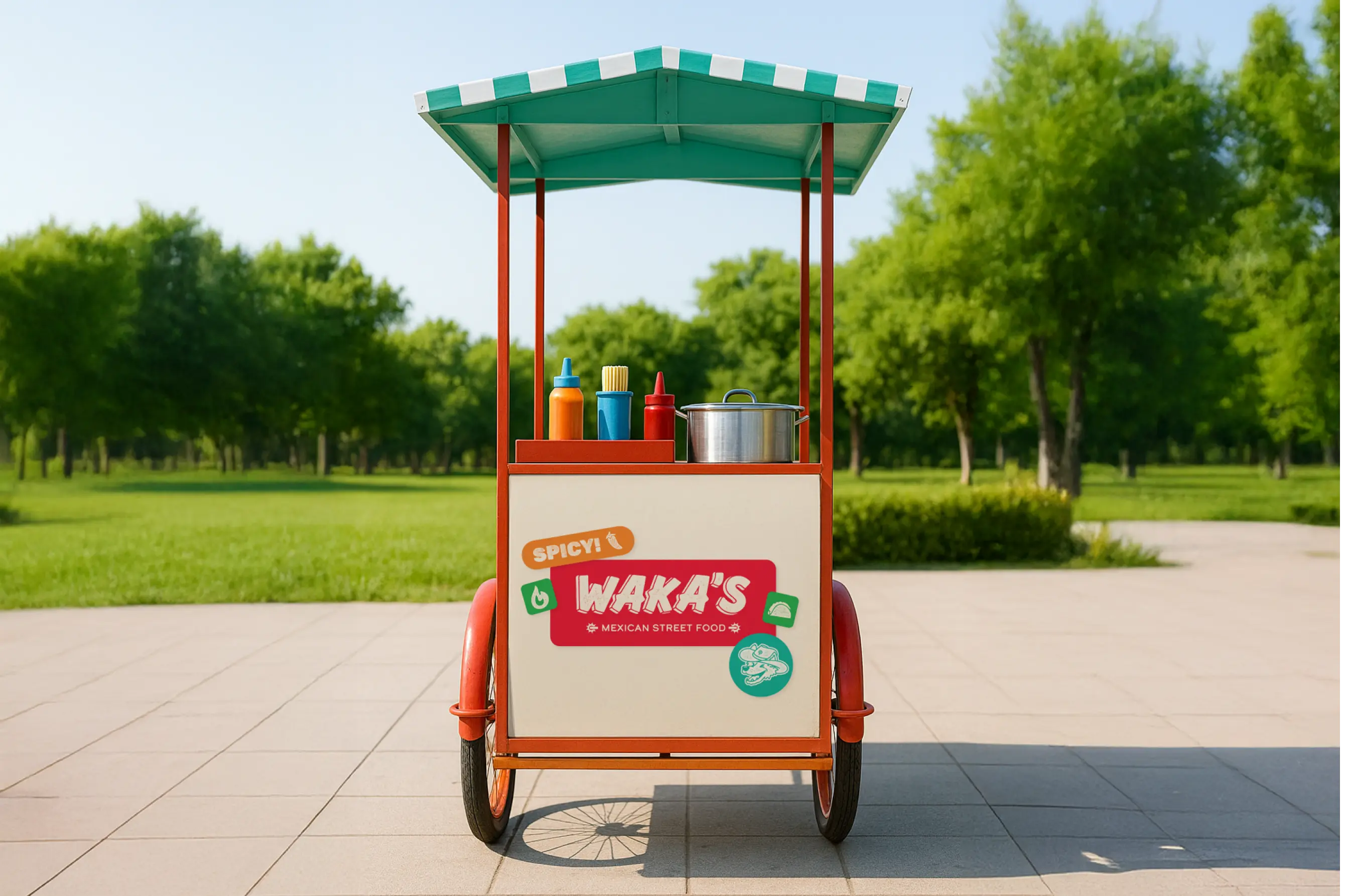 Red and teal food cart with a sign that says Waka's mexican street food with shapes around it and icons