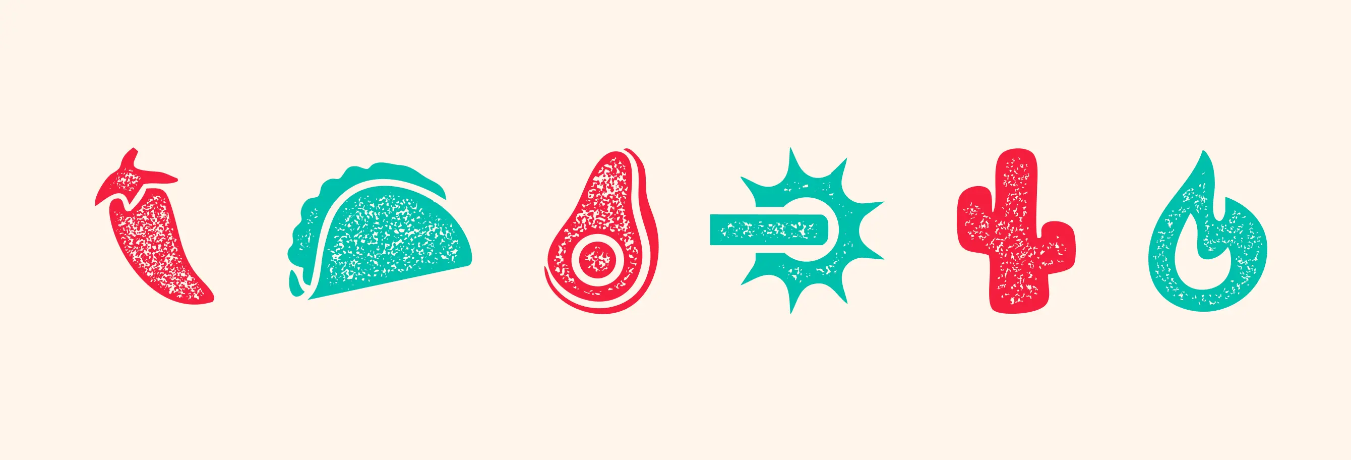 Logo set including a chili, taco, avocado, spur, cactus, and flame