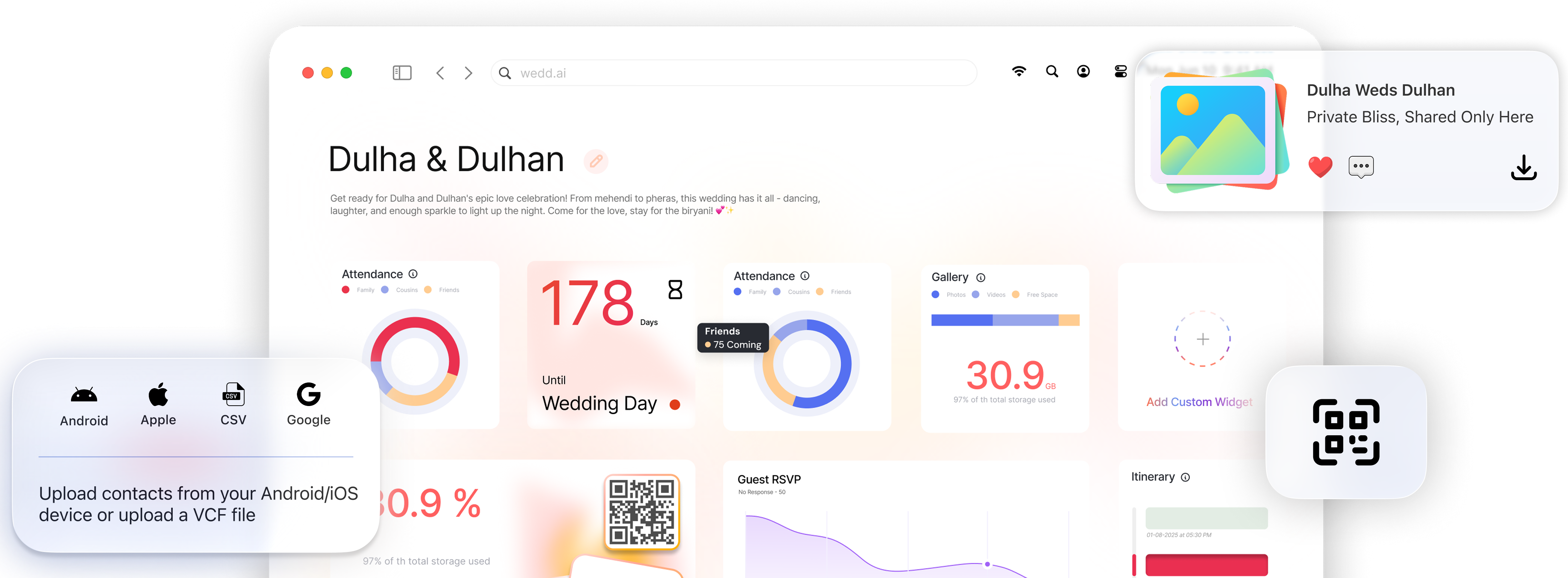 Wedding dashboard for Dulha & Dulhan showing countdown of 178 days to wedding day, attendance charts, gallery storage usage of 30.9 GB, contact upload options, QR code, guest RSVP graph, and itinerary.