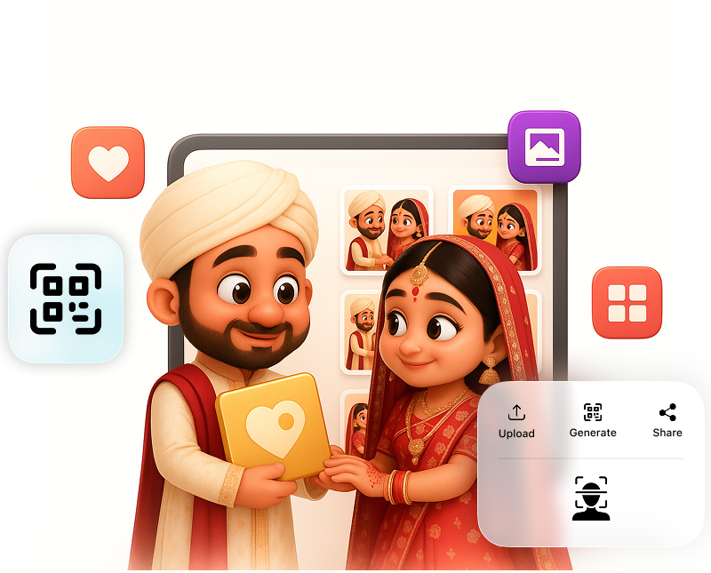 Animated Indian couple in traditional attire holding a golden heart icon in front of a digital gallery with social media icons around.