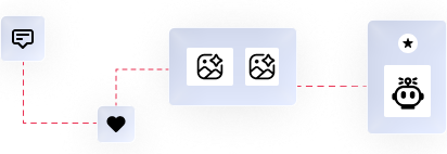 Icons depicting a chat bubble, heart, crossed image symbols, and a chatbot with a star above it, connected by dotted lines.