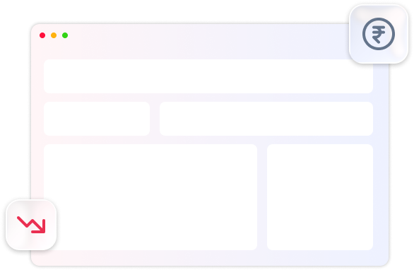 website frame with a downward trend arrow and a rupee symbol on either side