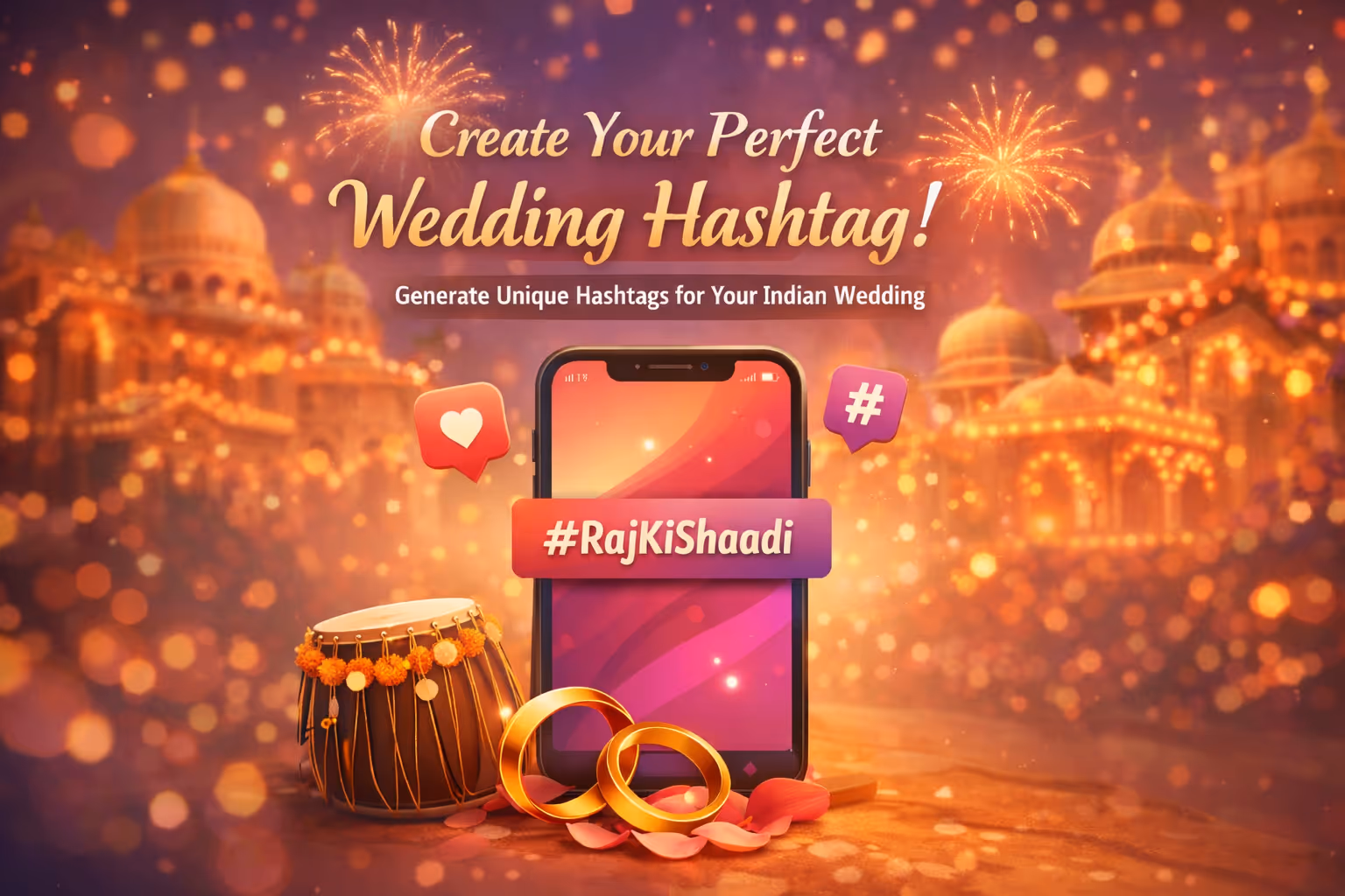 Free AI wedding hashtag generator tool by WeddAI for creating unique Indian wedding hashtags