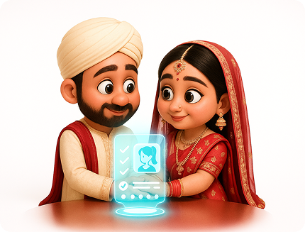 a bride and a groom holding hands behind a phone hologram