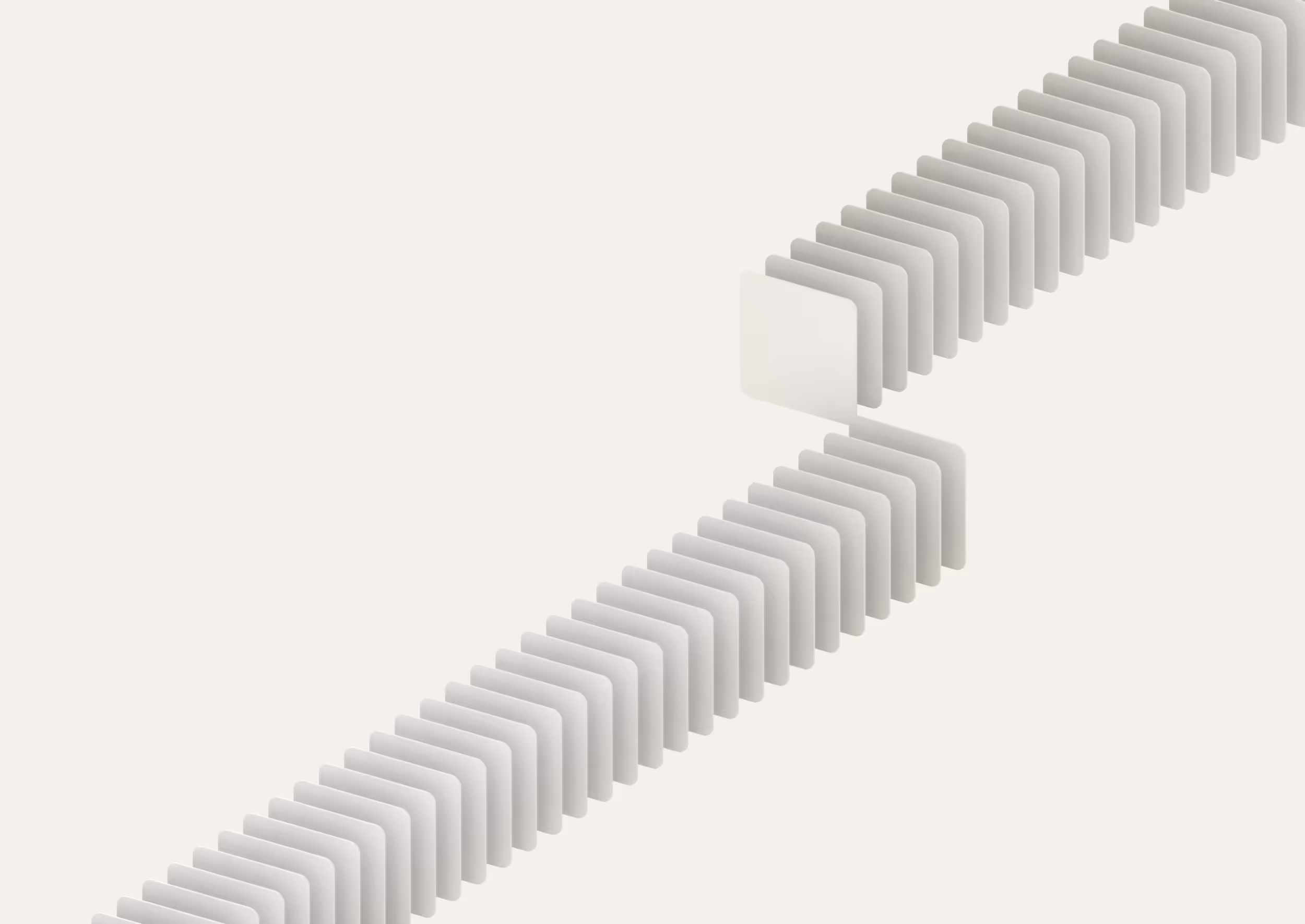 Two rows of 3D rectangular blocks aligned diagonally with one block floating between the rows.