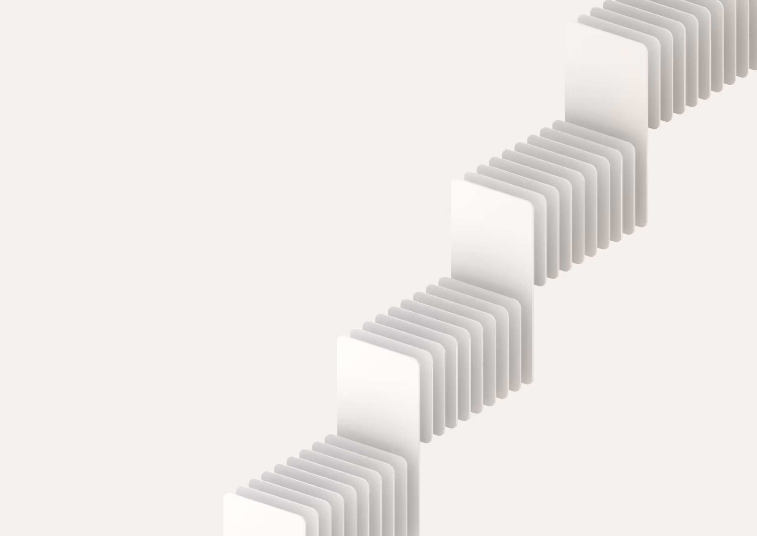 Abstract isometric design of a zigzag row of stacked white rectangular cards with rounded corners on a light background.