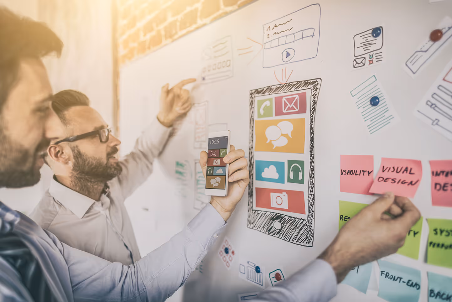 Professional web developers planning a website on a whiteboard.