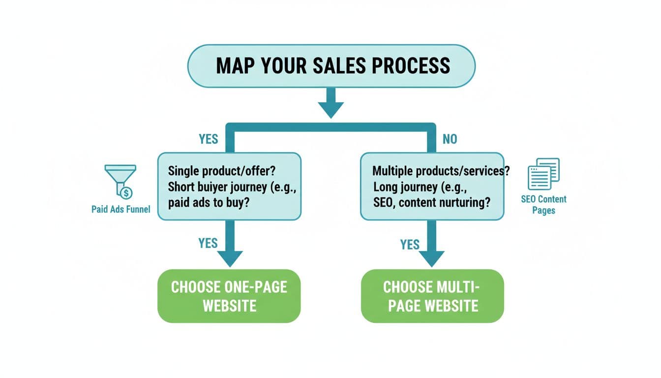 Clean vector infographic showing a decision tree to choose between one-page and multi-page websites based on sales process length and buyer journey.