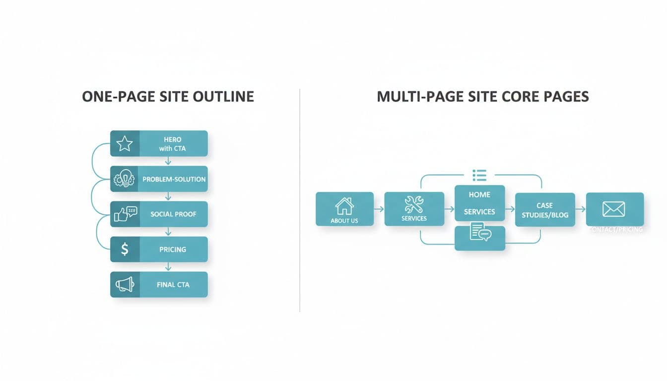 Clean, modern vector infographic on white background comparing page structures for one-page (stacked sections: Hero, Problem-Solution, Social Proof, Pricing, FAQ, CTA) and multi-page websites (core pages: Home, About, Services, Case Studies, Contact with navigation). Features blue teal accents, simple line icons, and user flow arrows.
