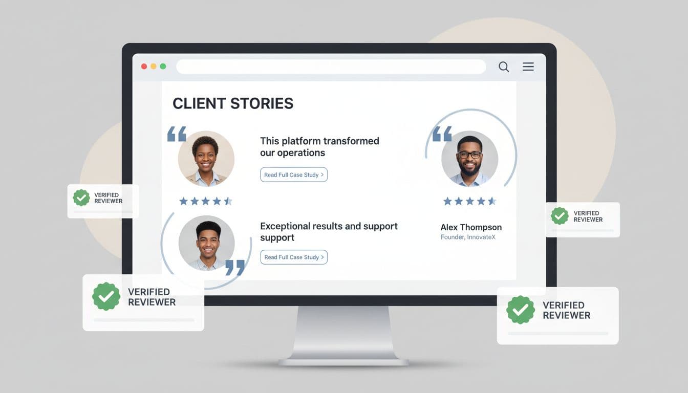 Clean editorial illustration of a desktop website screen featuring a testimonials carousel with quotes, client photos, star ratings, and case study links, highlighted by verified badges on a neutral background.