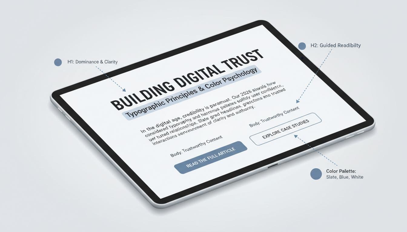 Close-up of a tablet screen showing modern website UI with clean sans-serif headings, readable body text, and a color scheme of slate grays, muted blues, and whites. Vector overlays highlight font hierarchy and color consistency for business credibility.