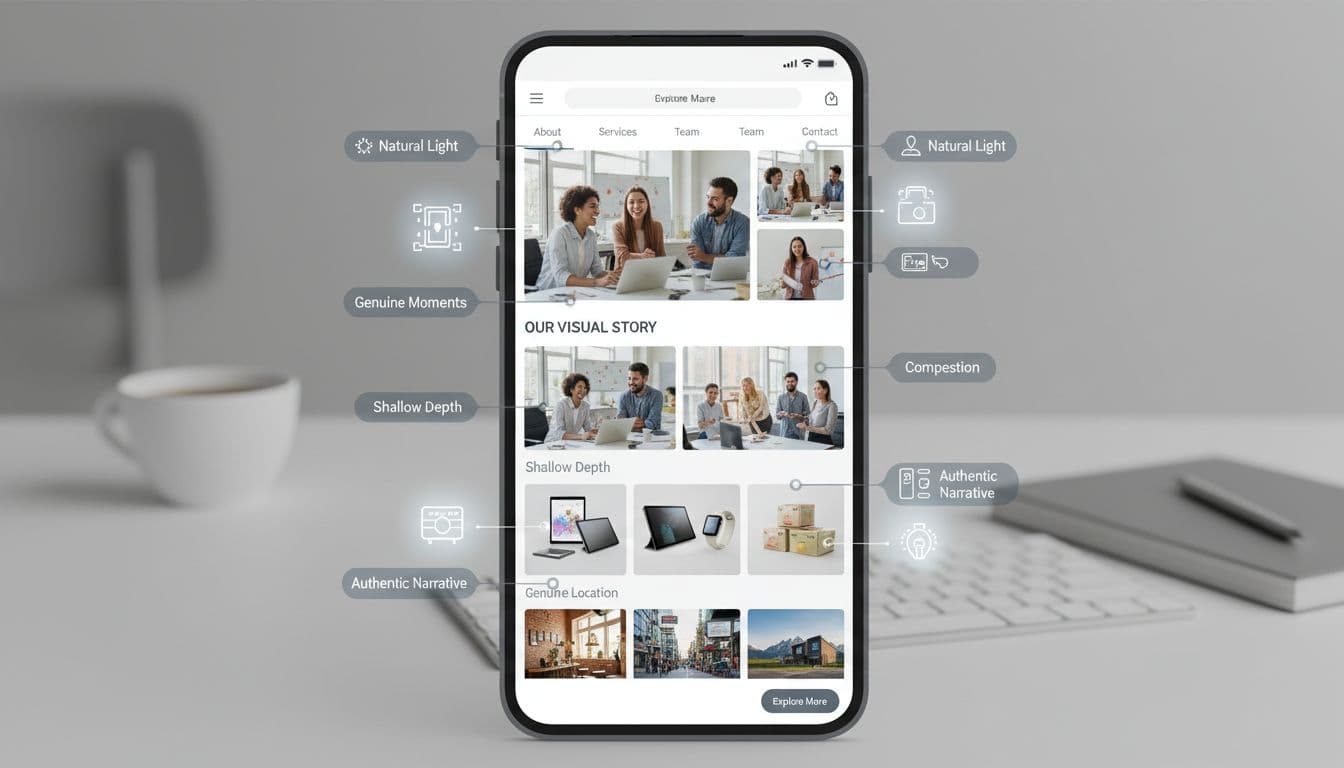 Modern illustration of a phone screen displaying authentic photos of a diverse team, products, and locations to build business credibility, with UI overlays and subtle workspace background.