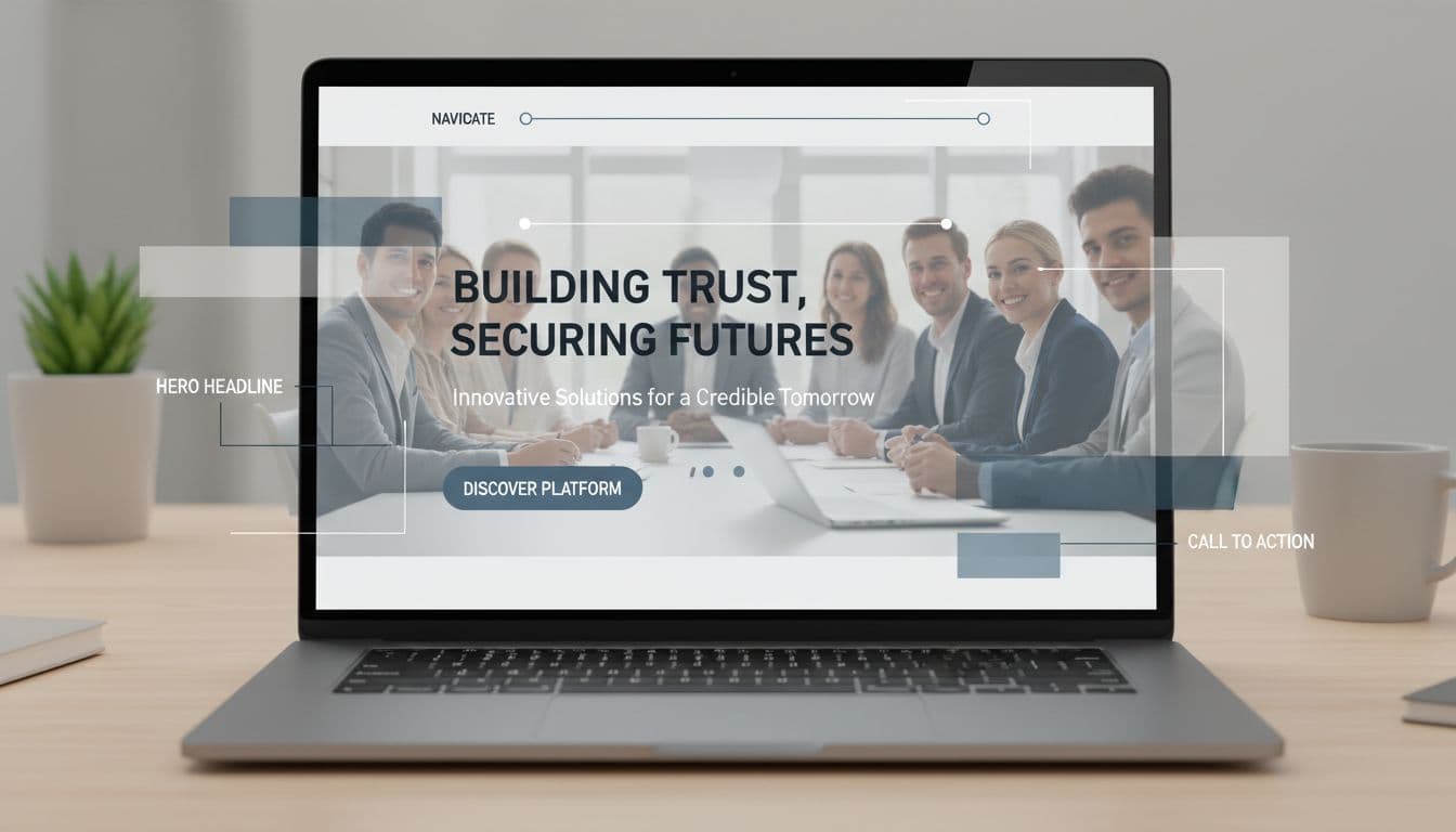 Close-up of a laptop screen displaying a clean modern hero section with strong headline, subheadline, prominent CTA button, and vector overlays highlighting layout elements in a soft neutral palette.