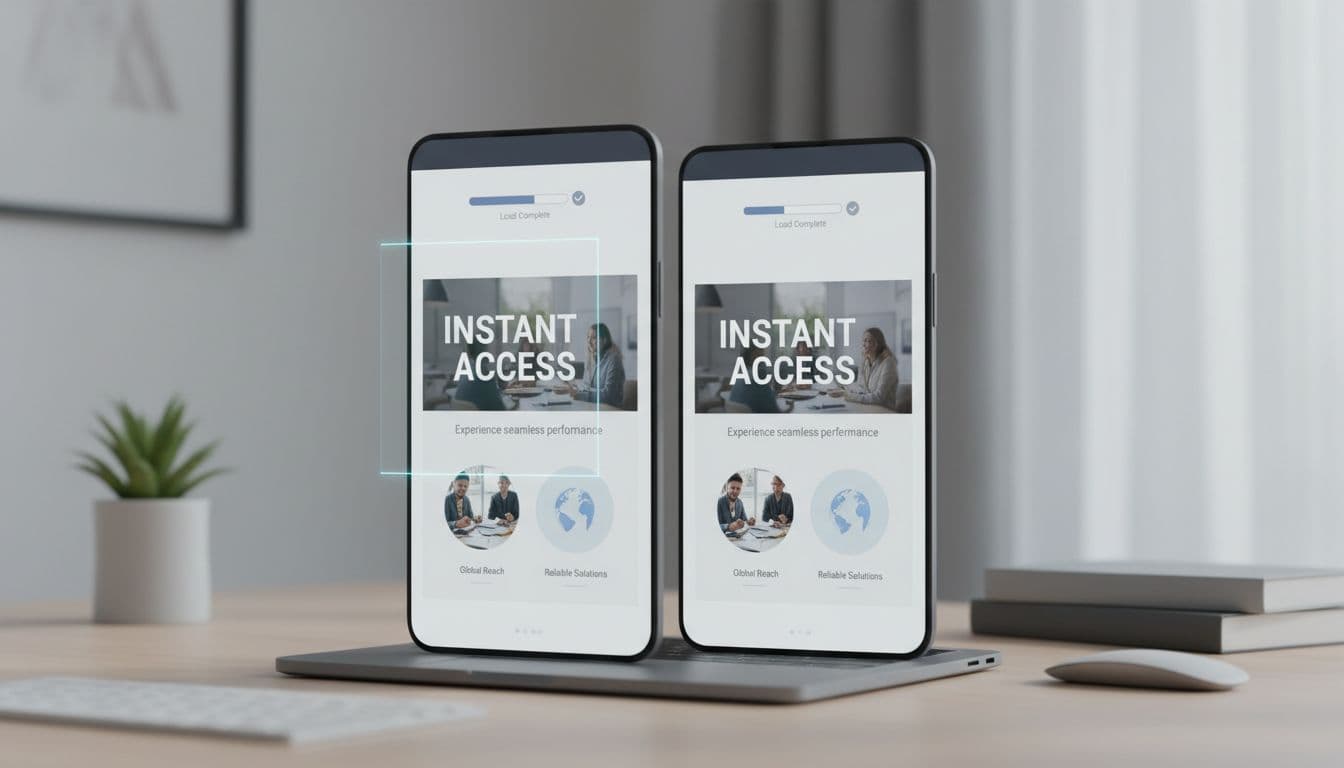 A modern illustration depicting a smartphone and laptop displaying a professional website hero section loading instantly with speed indicators and smooth animations on a clean office desk.