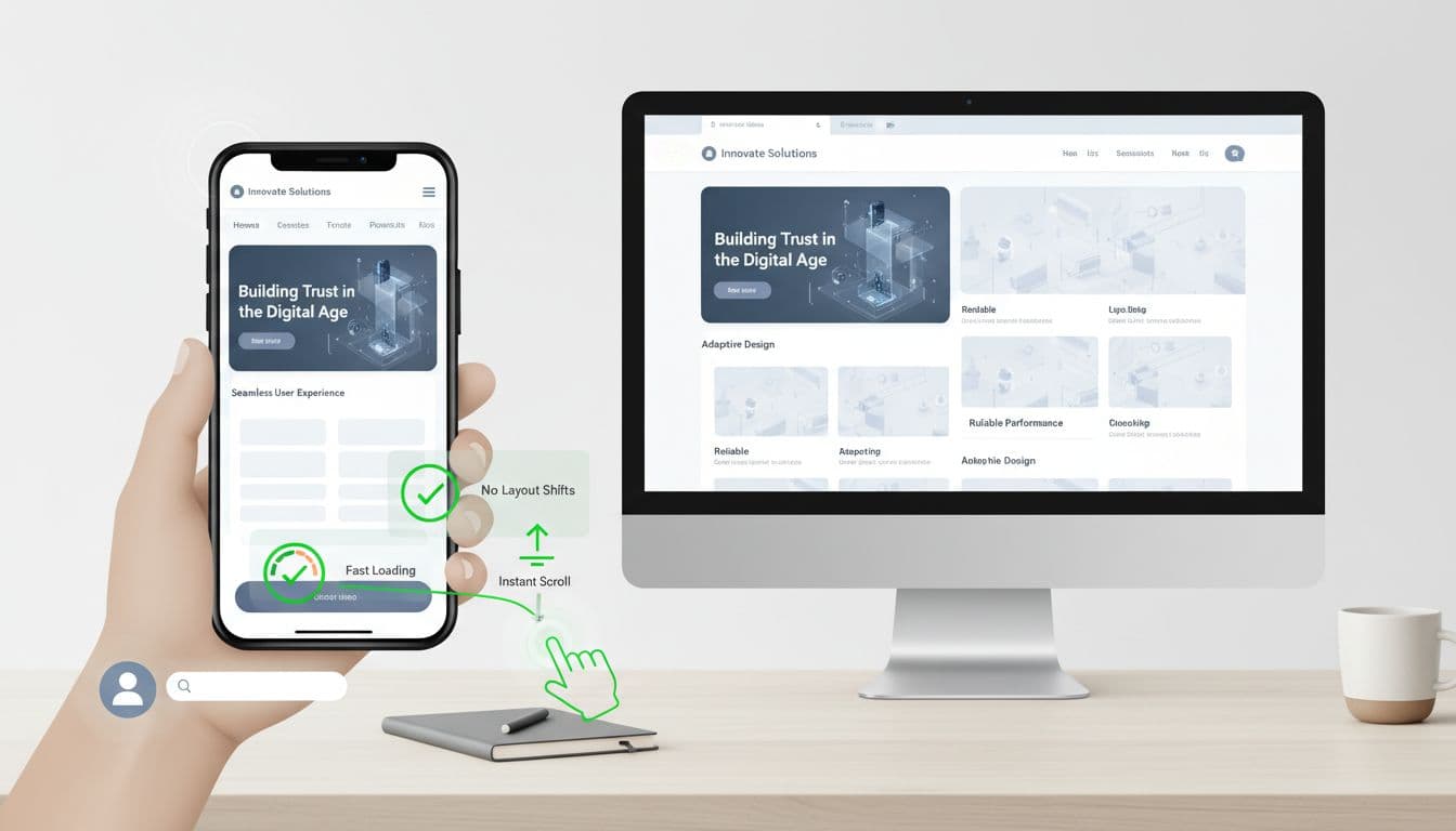 Split-screen illustration of a website seamlessly adapting from desktop to mobile, featuring fluid layouts, touch-friendly buttons, fast performance cues, and Core Web Vitals icons in a clean editorial style.