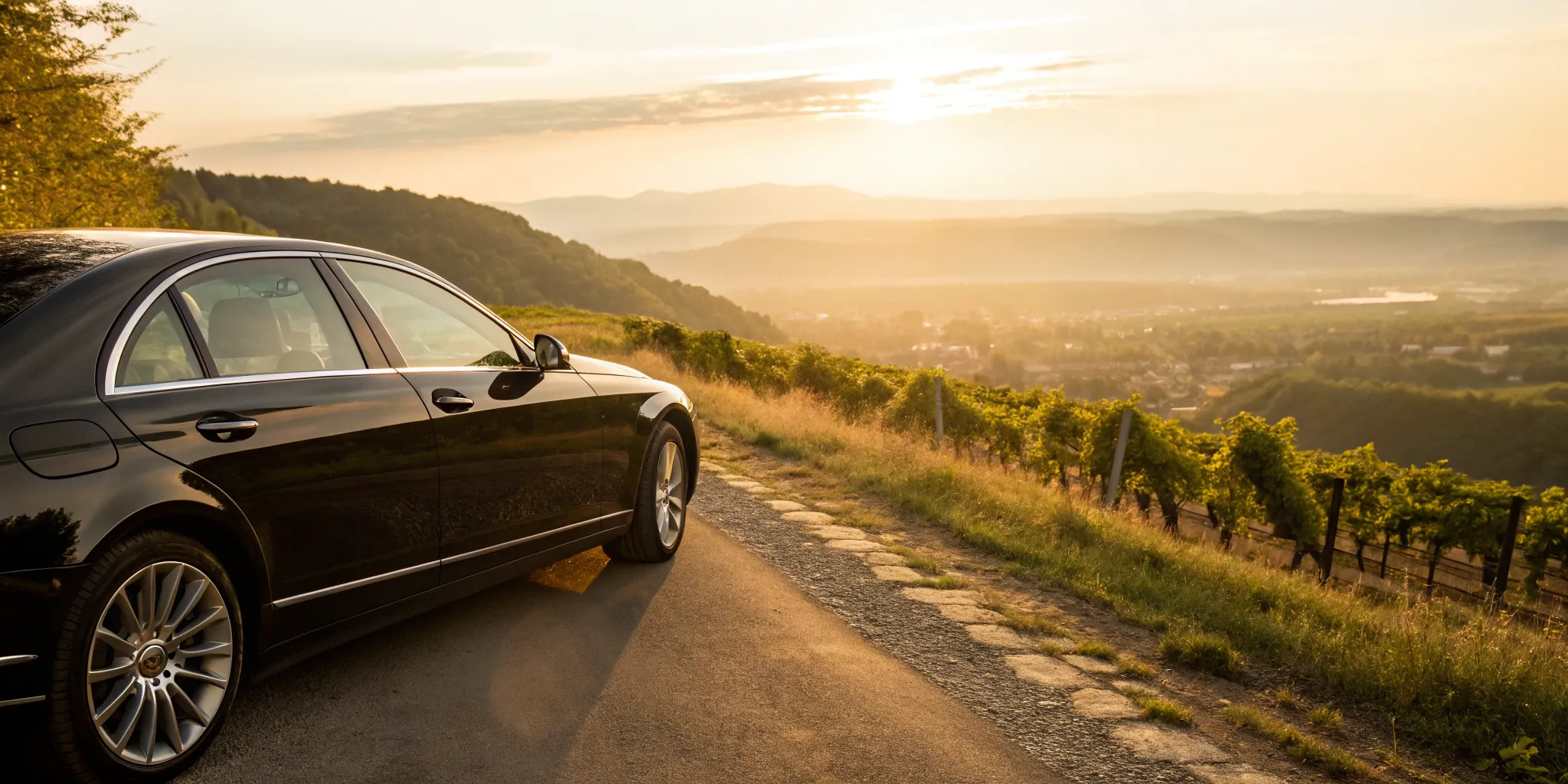 A luxury car on a scenic road, part of the premium experience when you hire a personal driver.