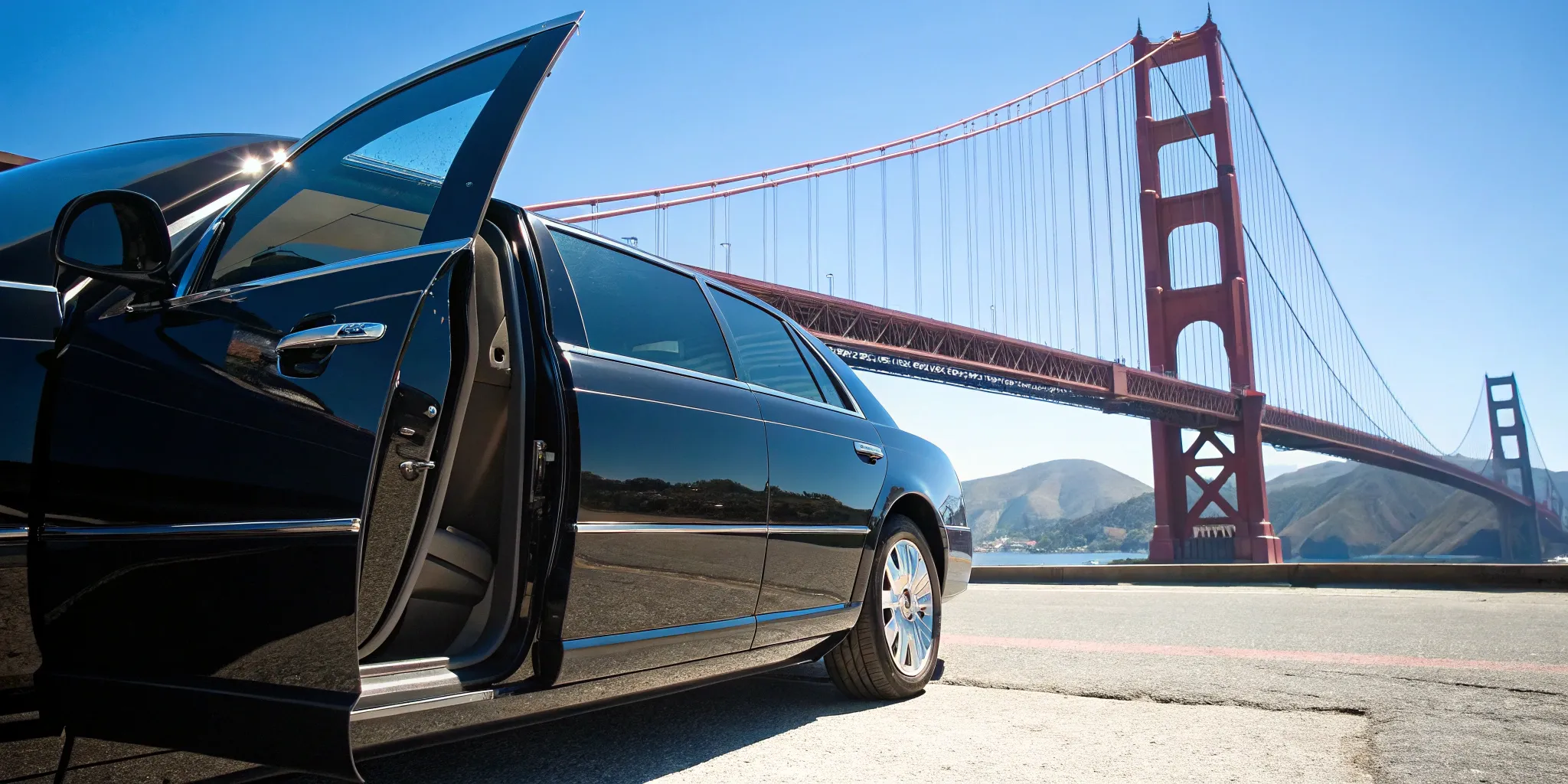 A luxury black car service for San Francisco airport with the Golden Gate Bridge in the background.