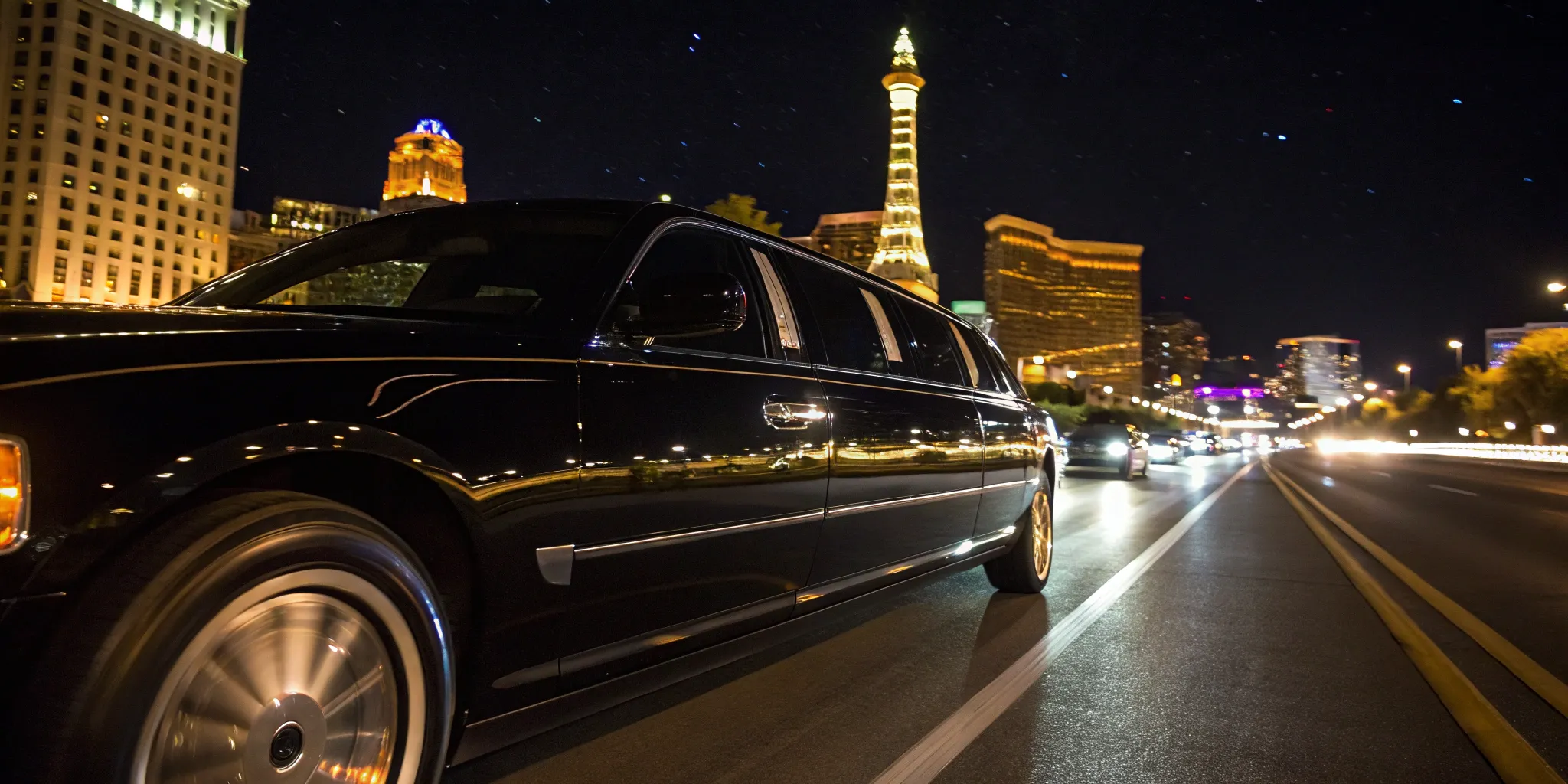A premium car service from the Las Vegas airport to the Strip at night.