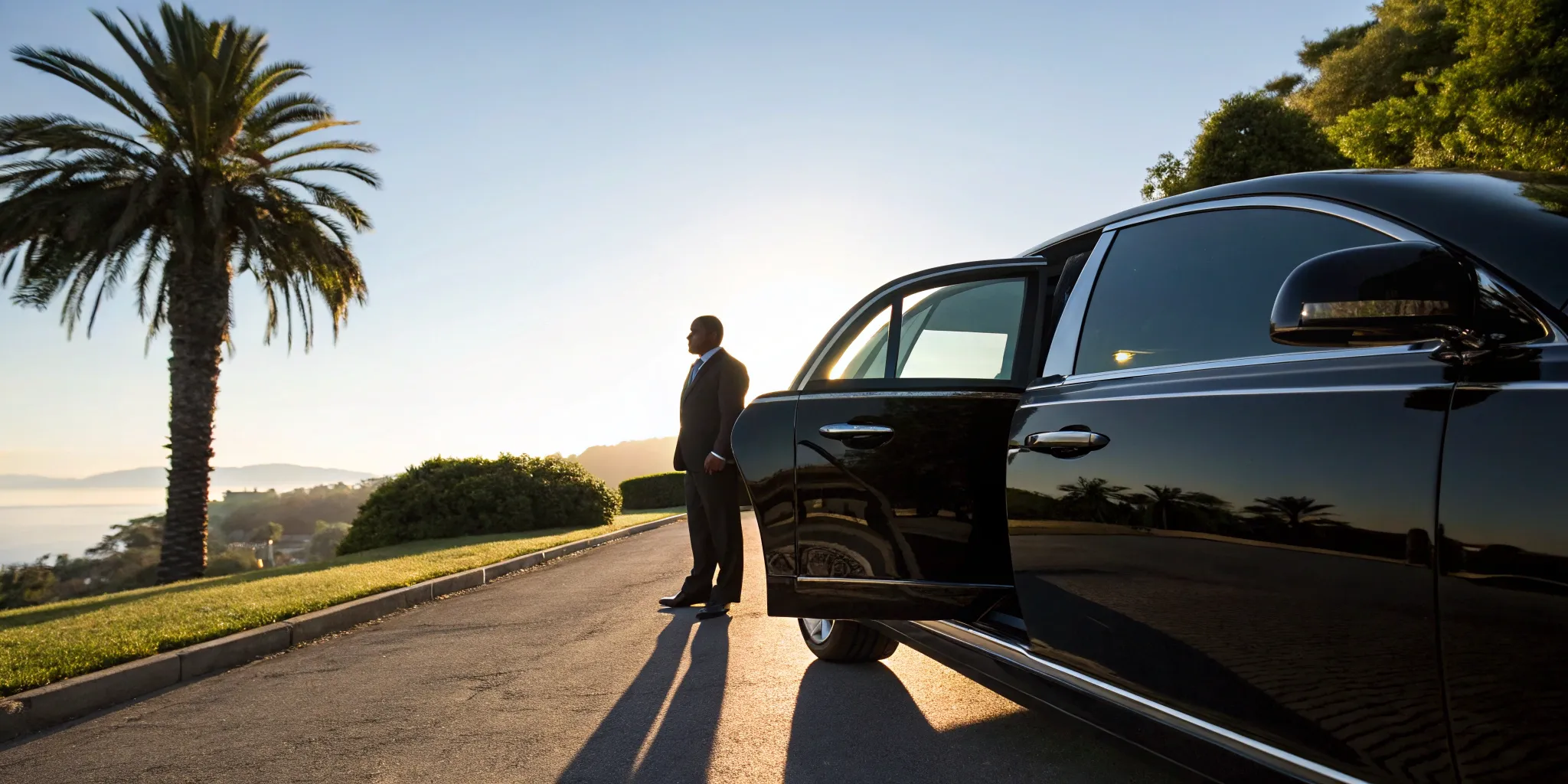 Professional chauffeur standing by a luxury car, ready for daily car service.