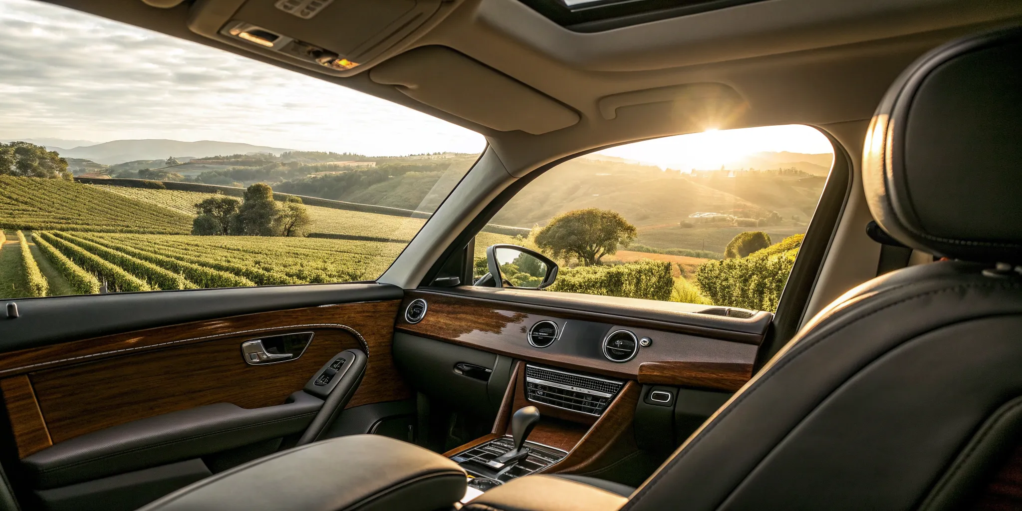 Luxury car interior overlooking a scenic view with a personal driver for the day.