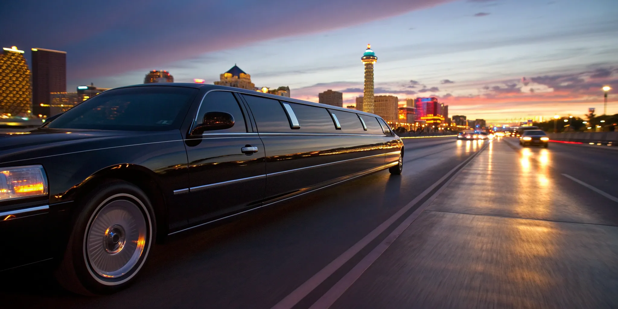A stretch limo on the Vegas Strip, representing typical Vegas limo service prices.