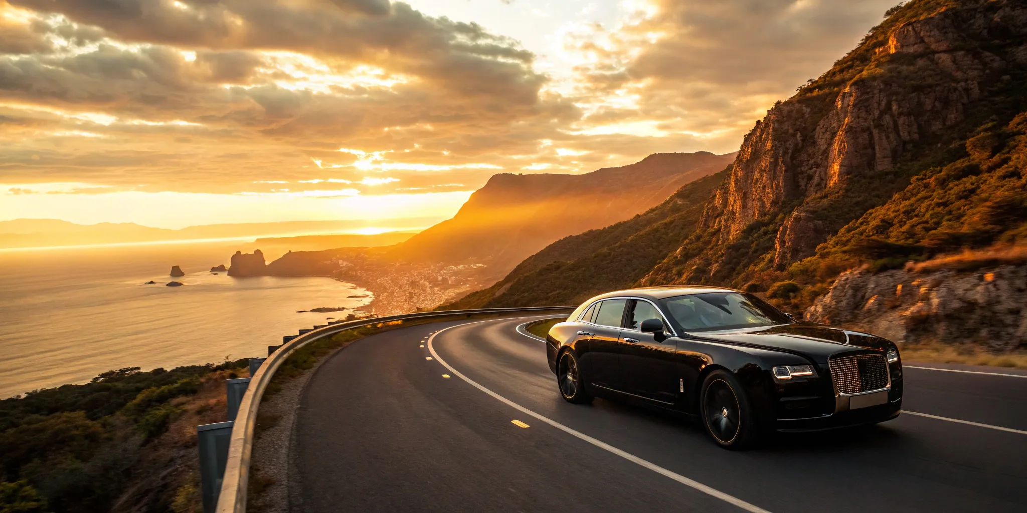 A luxury executive car hire driving on a scenic road, providing a stress-free ride for business travel.
