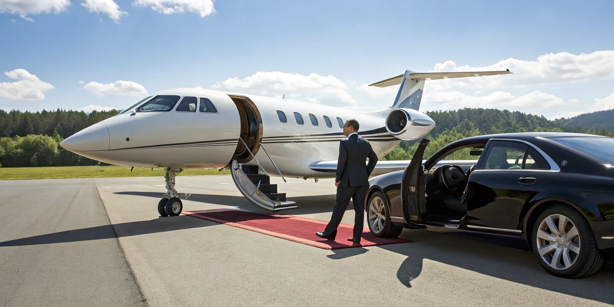 A professional chauffeur assisting a client from a luxury car to a private jet on the tarmac.