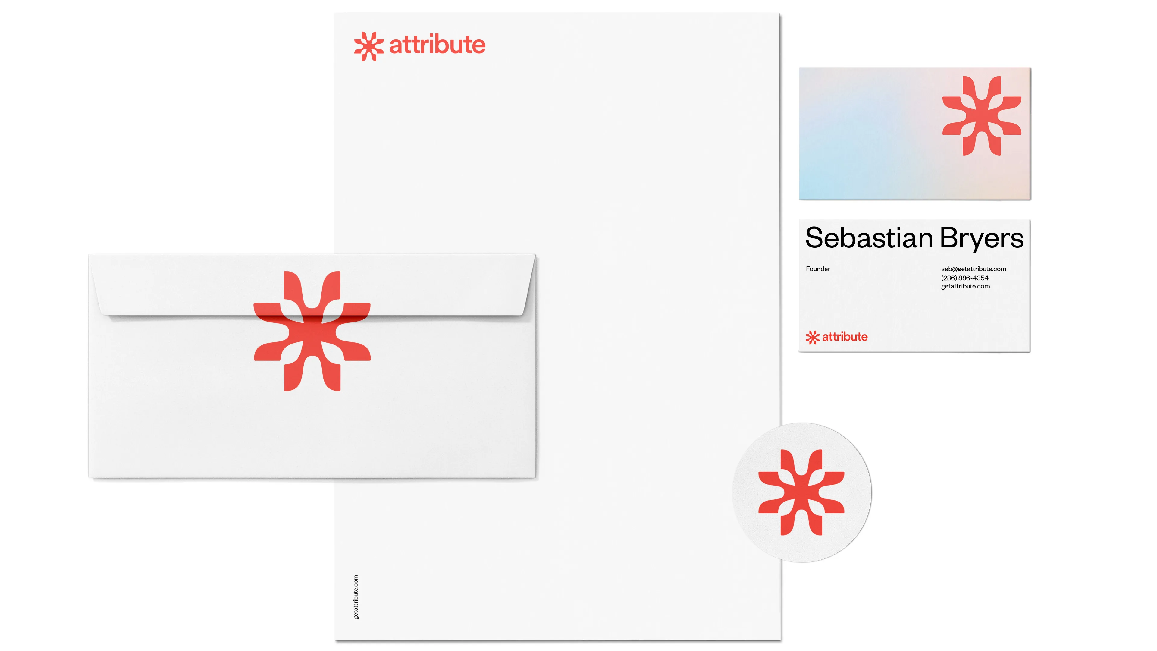 Attribute's brand identity design and stationery, featuring the logo, logomark, and business cards